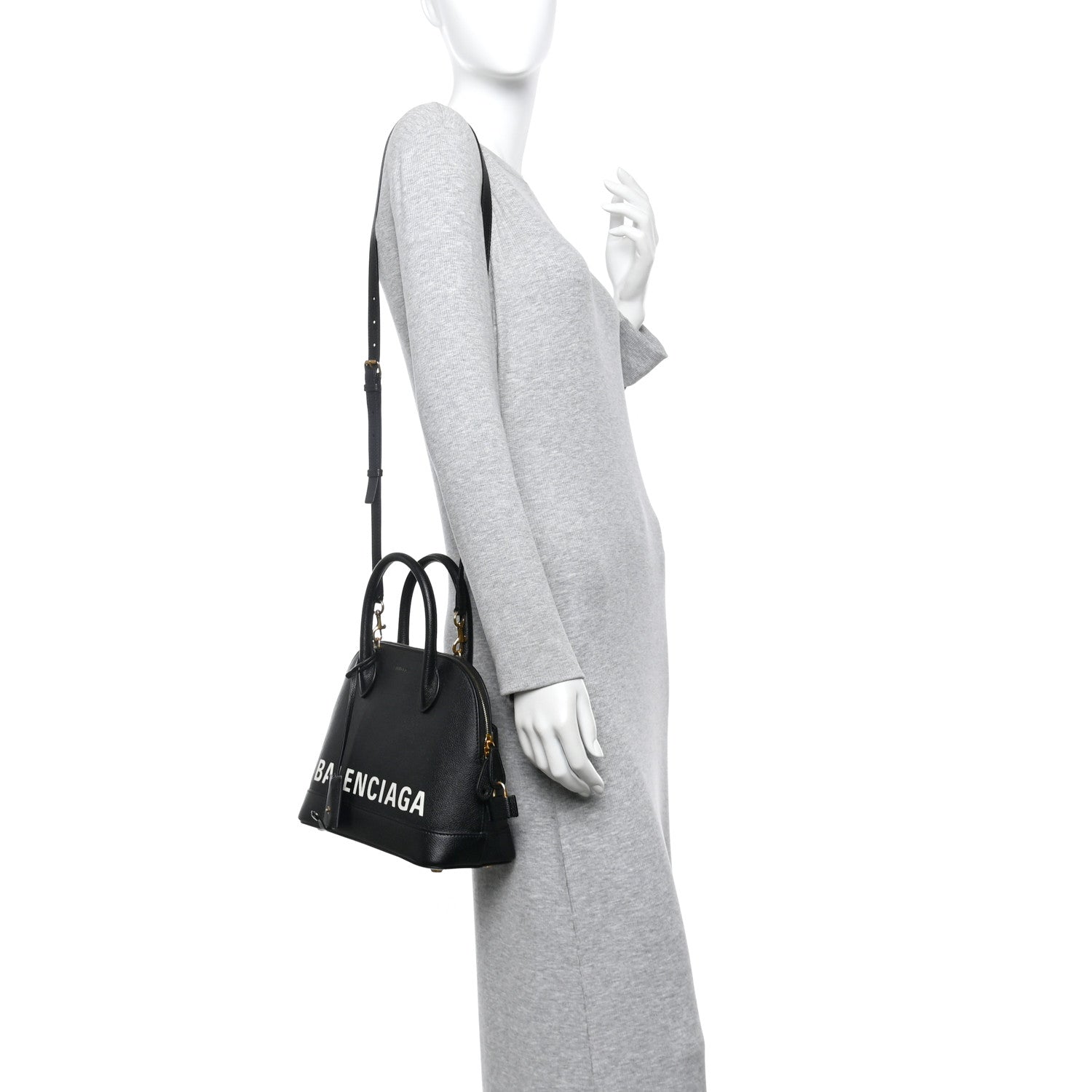 Signature Grained Calfskin Logo S Ville Top Handle Bag Black