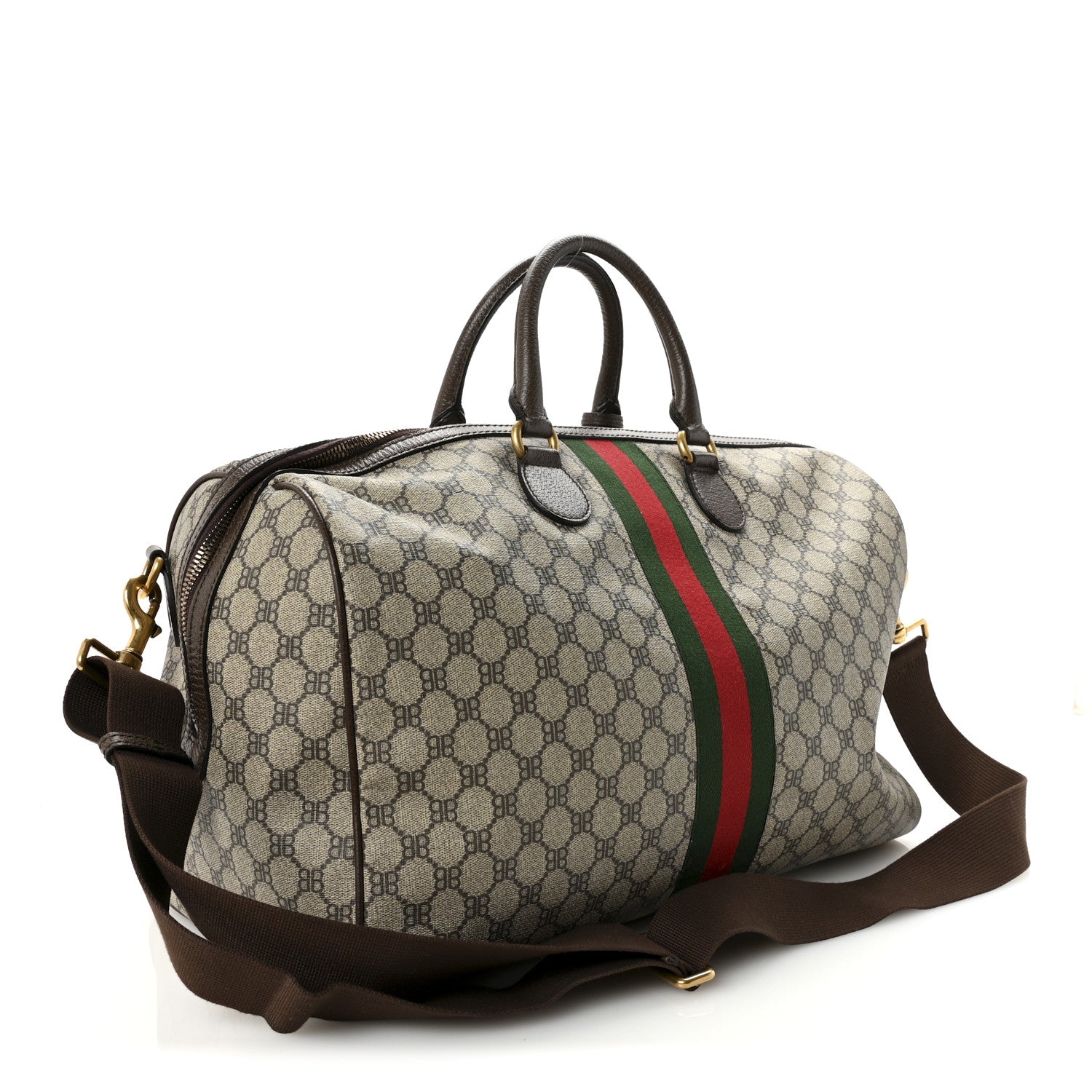 X BALENCIAGA BB Supreme Monogram Web Medium Ophidia Carry-On Duffle Bag Beige New Acero