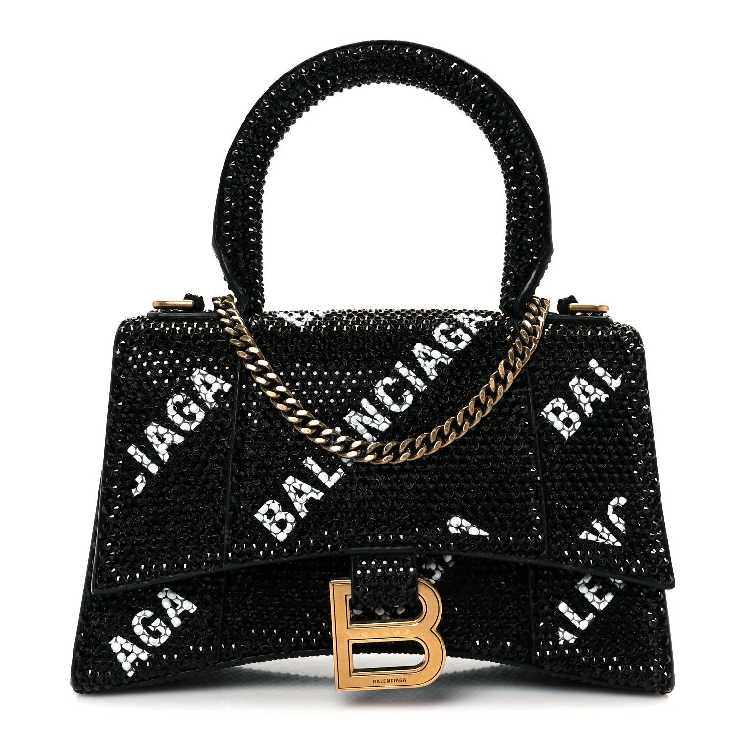 Strass Suede Allover Logo Hourglass Top Handle Bag XS with Chain Black White