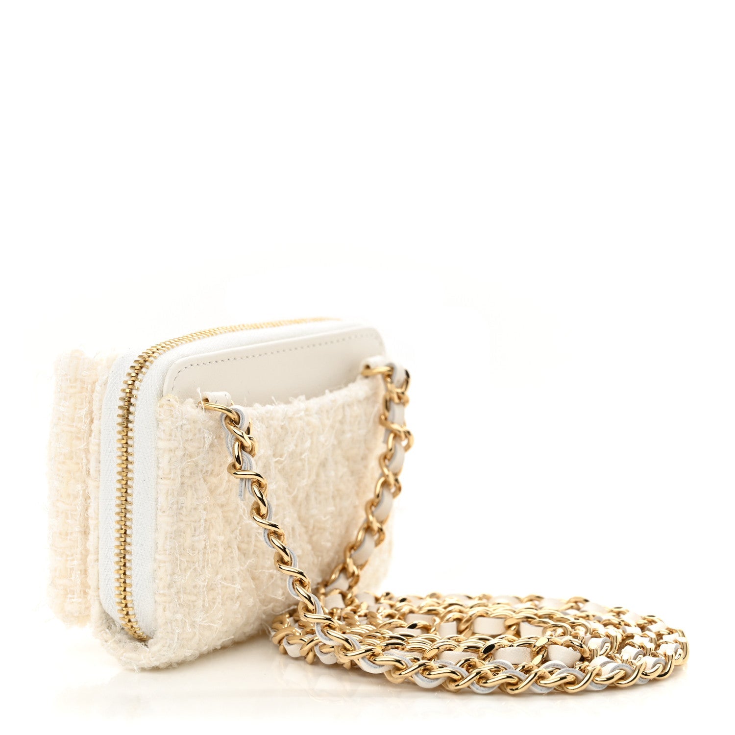 Tweed Quilted Bow Flap Card Holder On Chain White