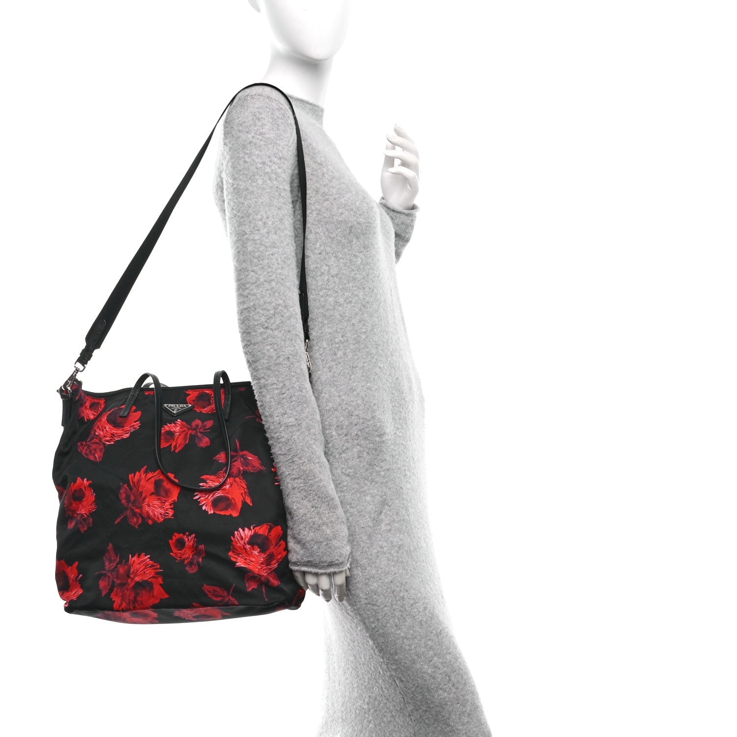 Tessuto Nylon Saffiano Rose Print Tote Black Rosso