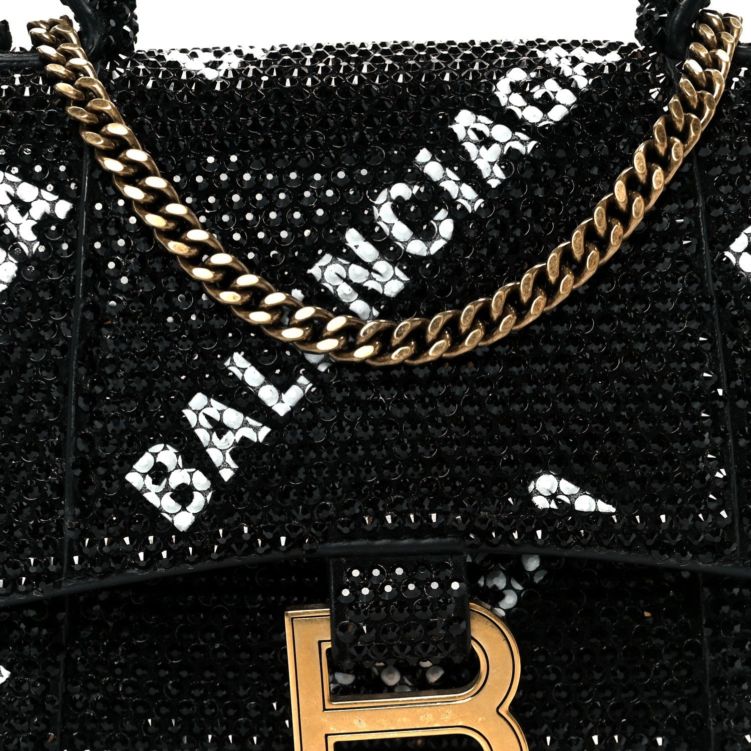 Strass Suede Allover Logo Hourglass Top Handle Bag XS with Chain Black White