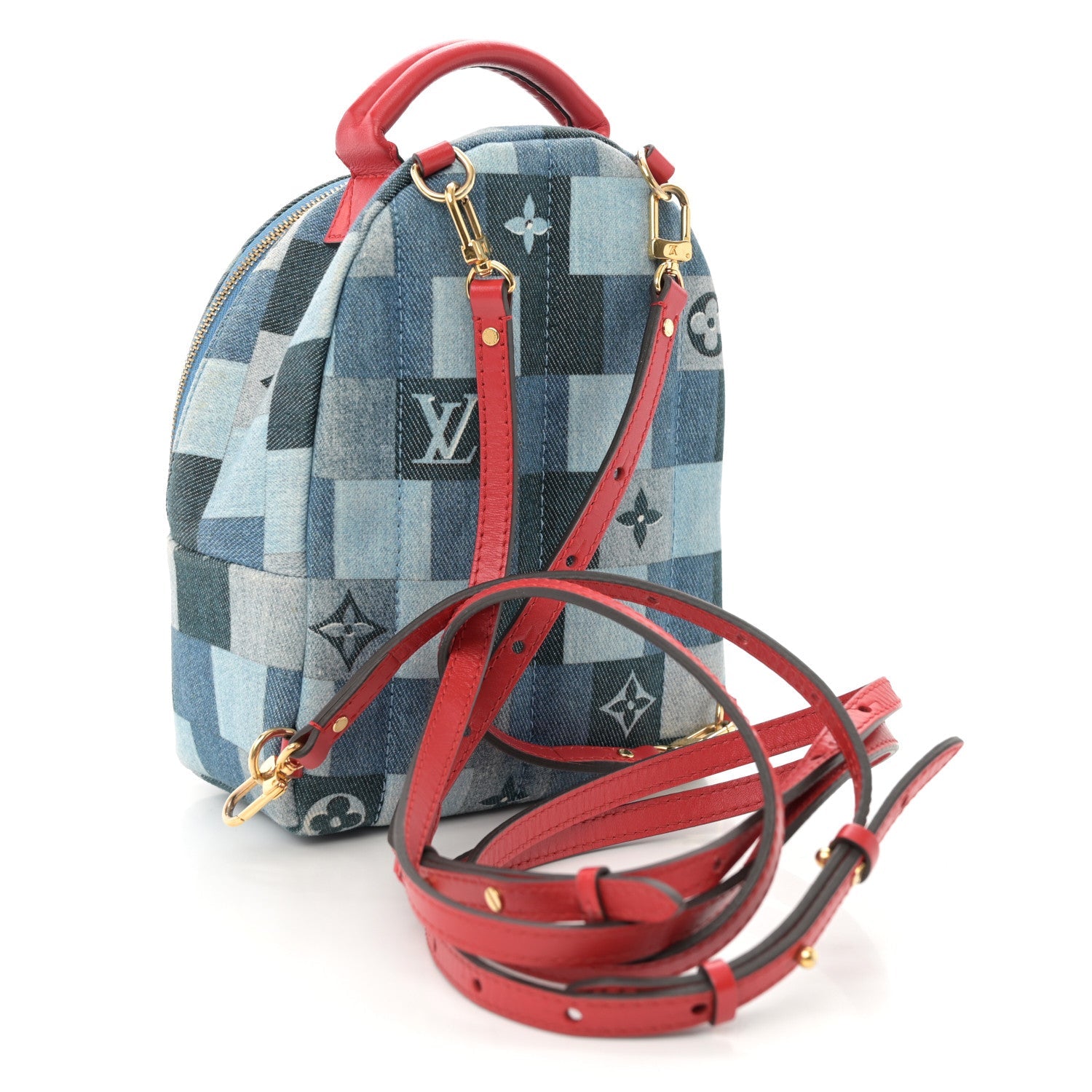 Denim Damier Monogram Patchwork Palm Springs Backpack Mini Blue Rouge