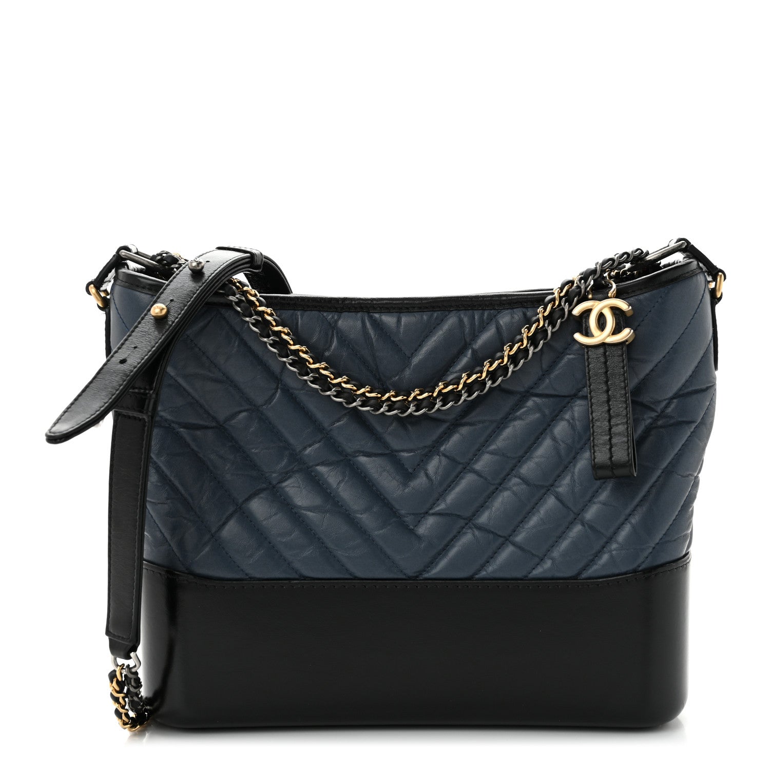 Aged Calfskin Chevron Quilted Medium Gabrielle Hobo Navy Black