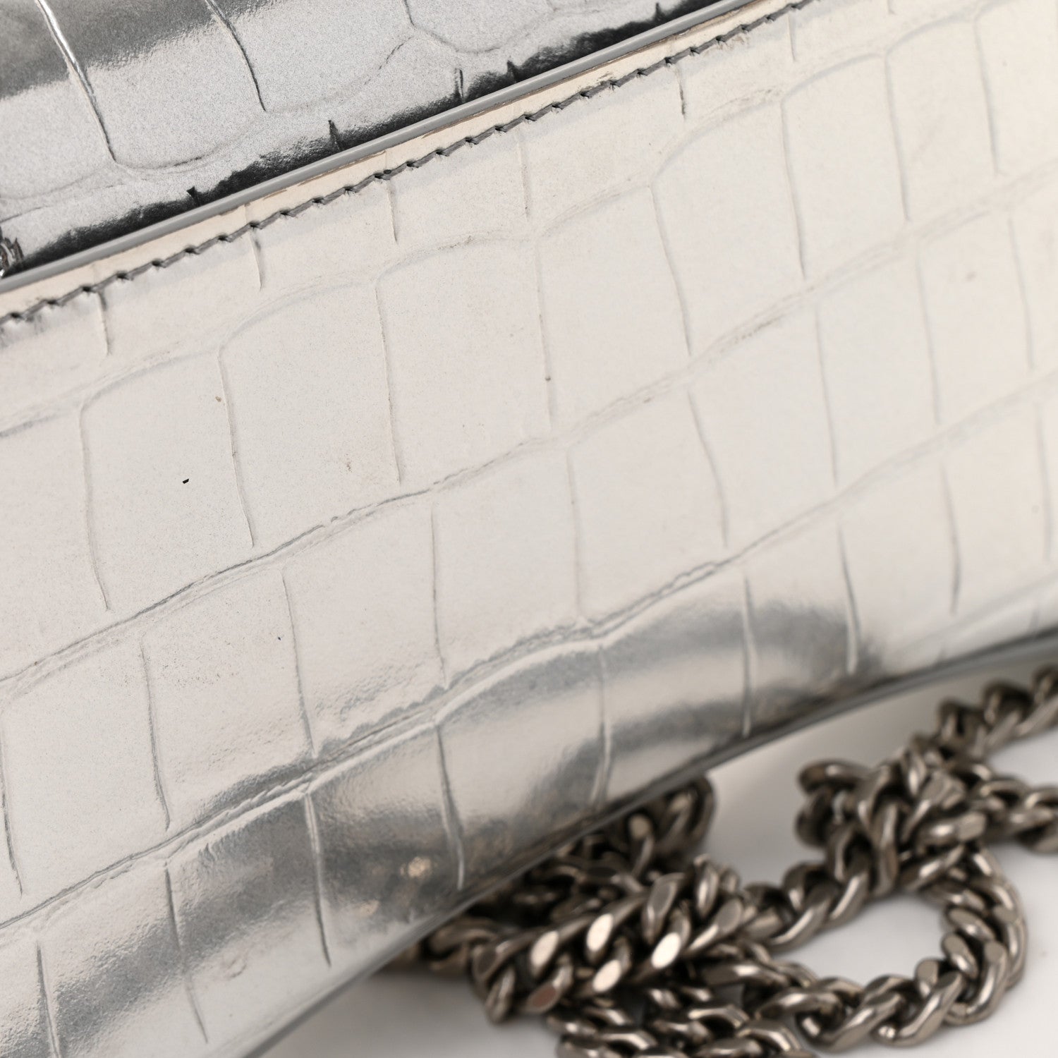 Metallic Calfskin Crocodile Embossed Hourglass Chain Bag Silver