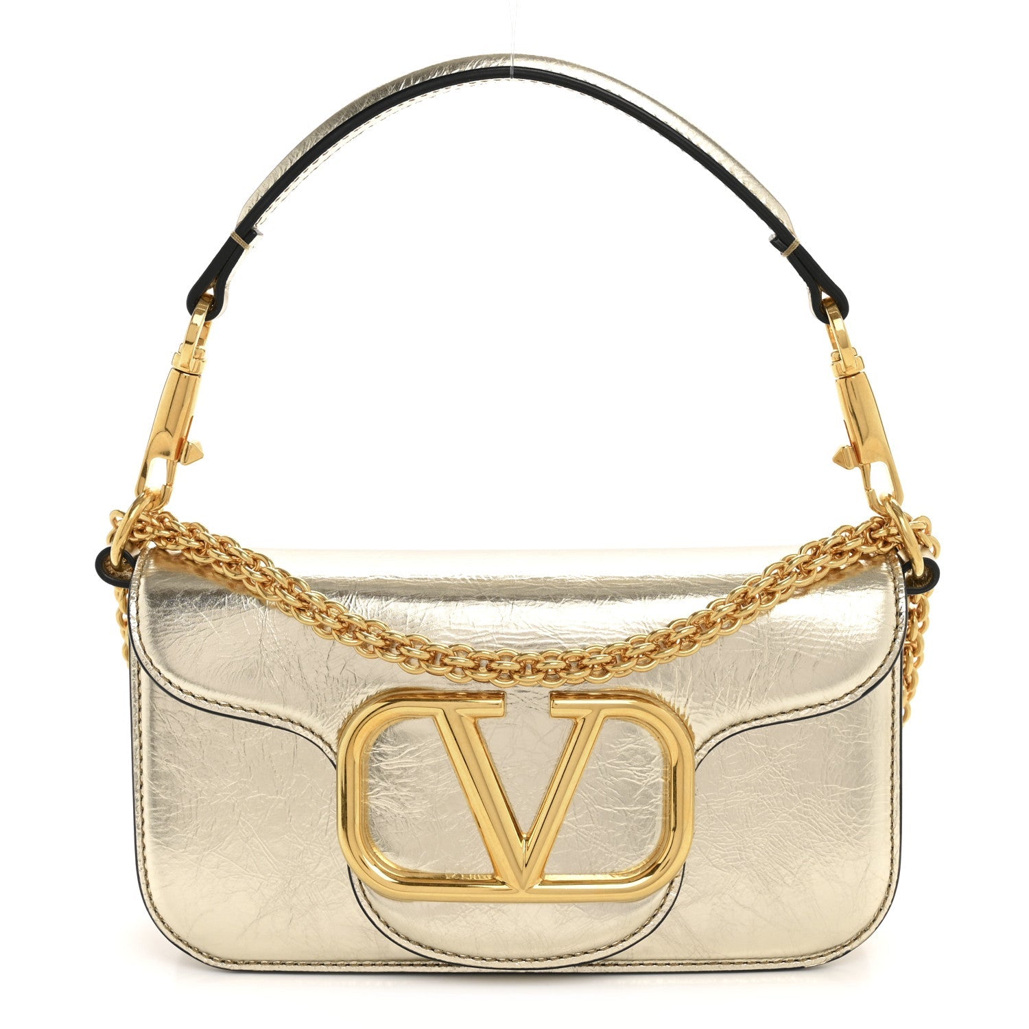 Metallic Crackle Effect Calfskin Vlogo Small Loco Shoulder Bag Platino