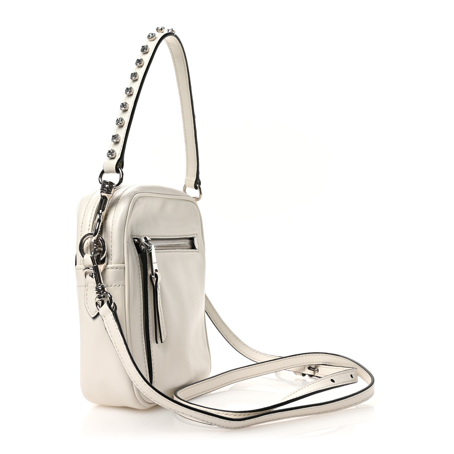 Vitello Soft Calfskin Crystal Embellished Solitaire Camera Bag White