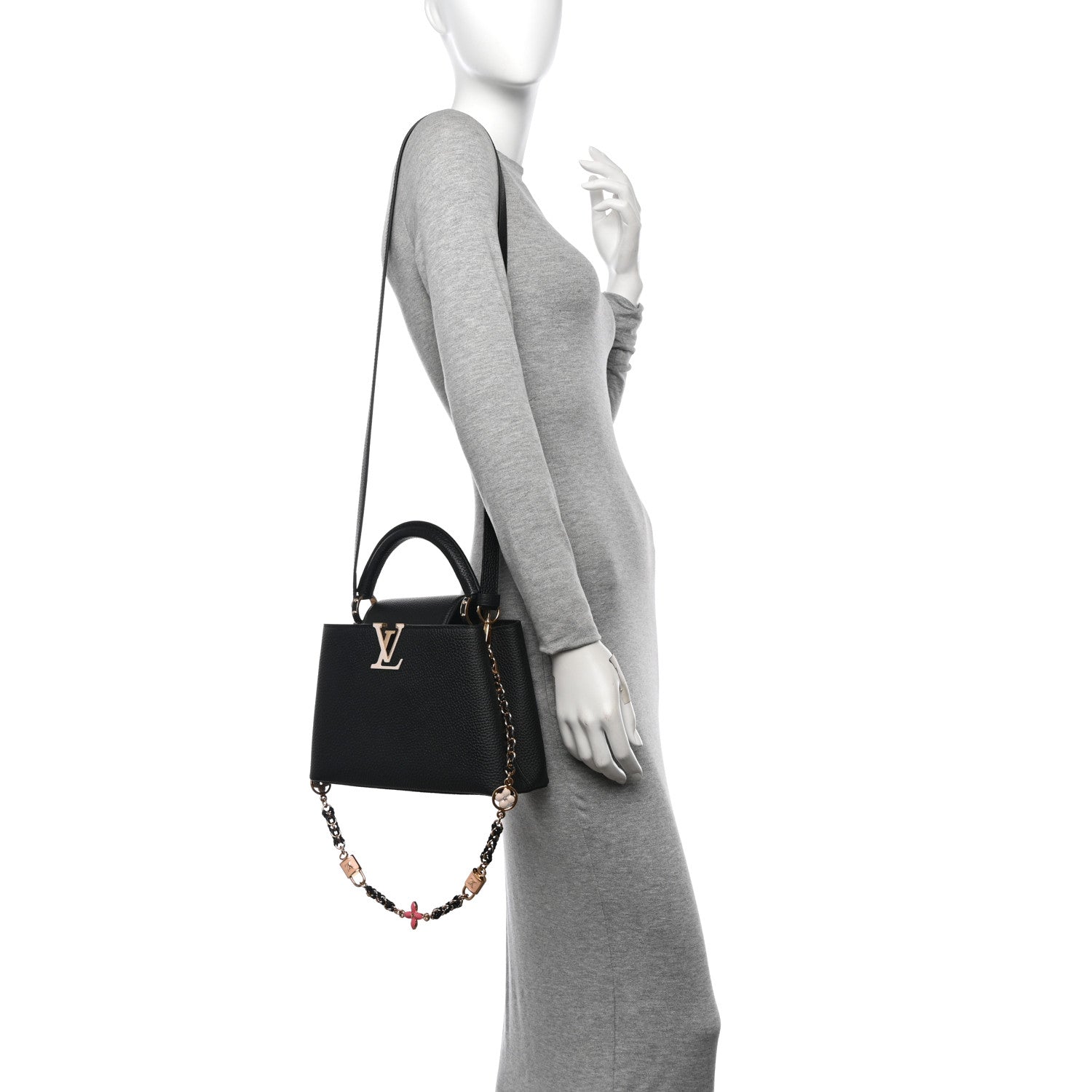 Taurillon Enamel Flower Padlock Chain Capucines BB Black