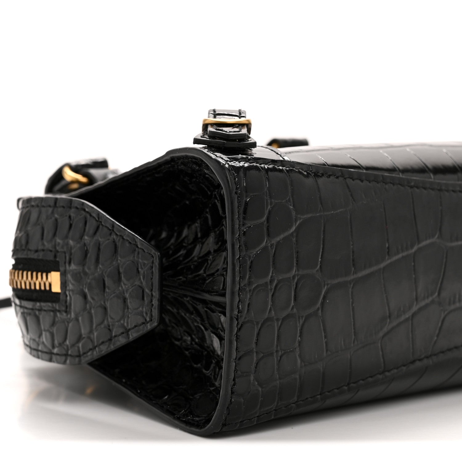 Shiny Supple Calfskin Crocodile Embossed Neo Classic Gold Hardware Mini City Black