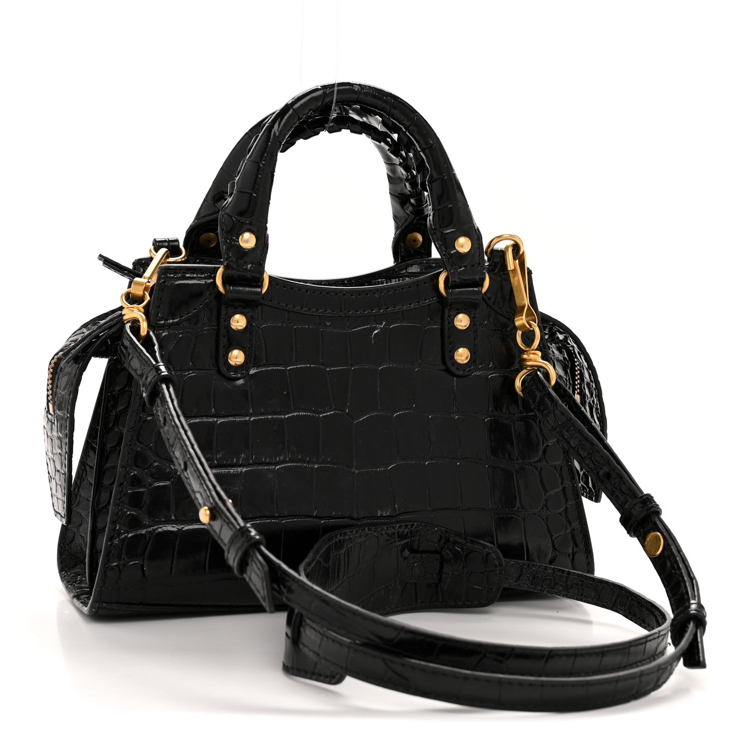 Shiny Supple Calfskin Crocodile Embossed Neo Classic Gold Hardware Mini City Black