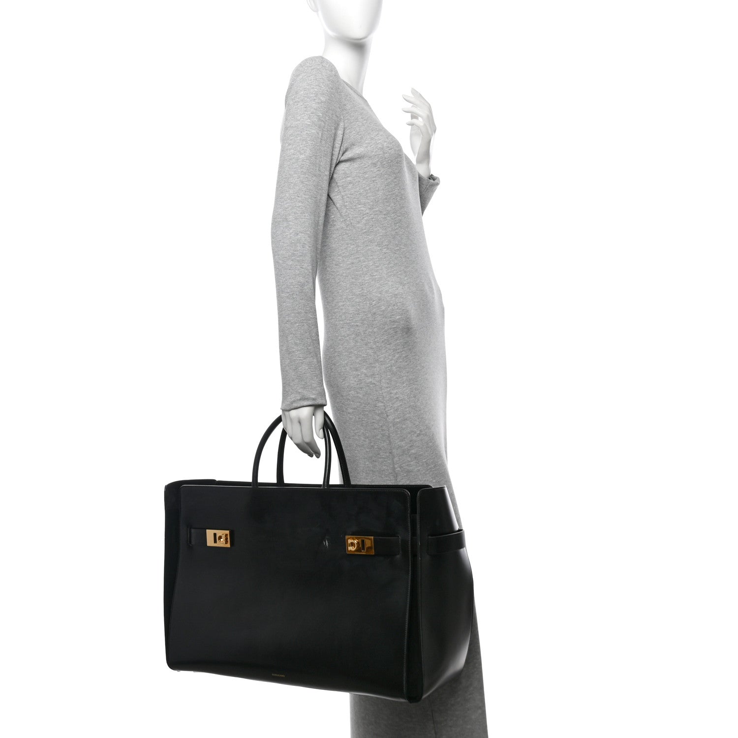 Brushed Off Calfskin XL Gancini Buckles Tote Bag Black