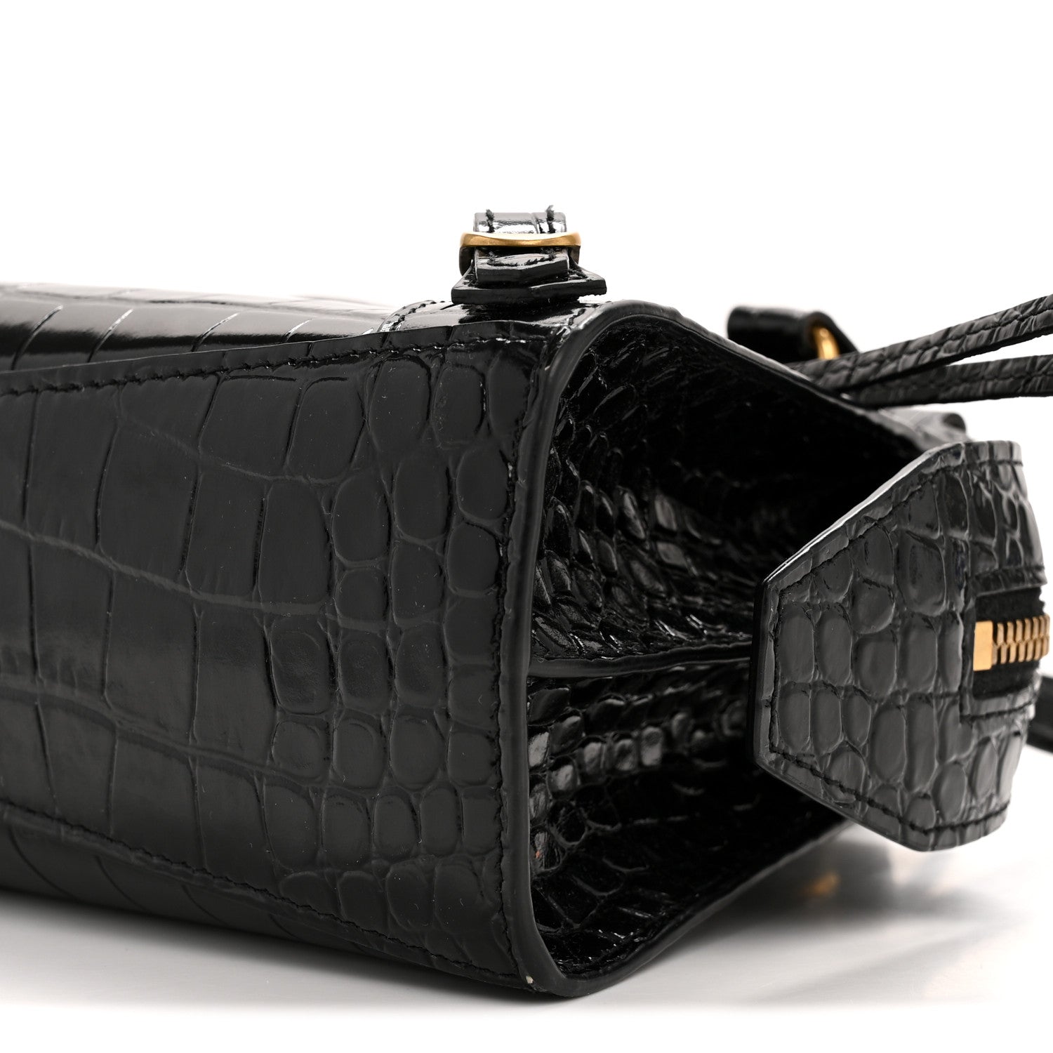 Shiny Supple Calfskin Crocodile Embossed Neo Classic Gold Hardware Mini City Black
