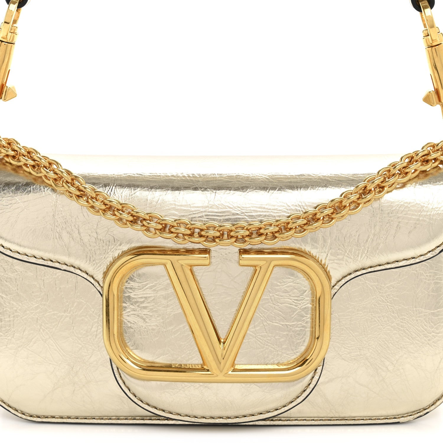 Metallic Crackle Effect Calfskin Vlogo Small Loco Shoulder Bag Platino