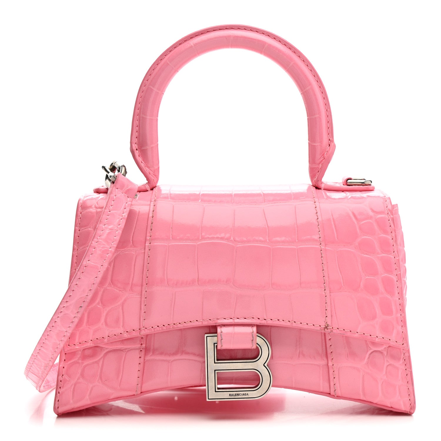 Shiny Calfskin Crocodile Embossed Hourglass Top Handle Bag XS Sweet Pink