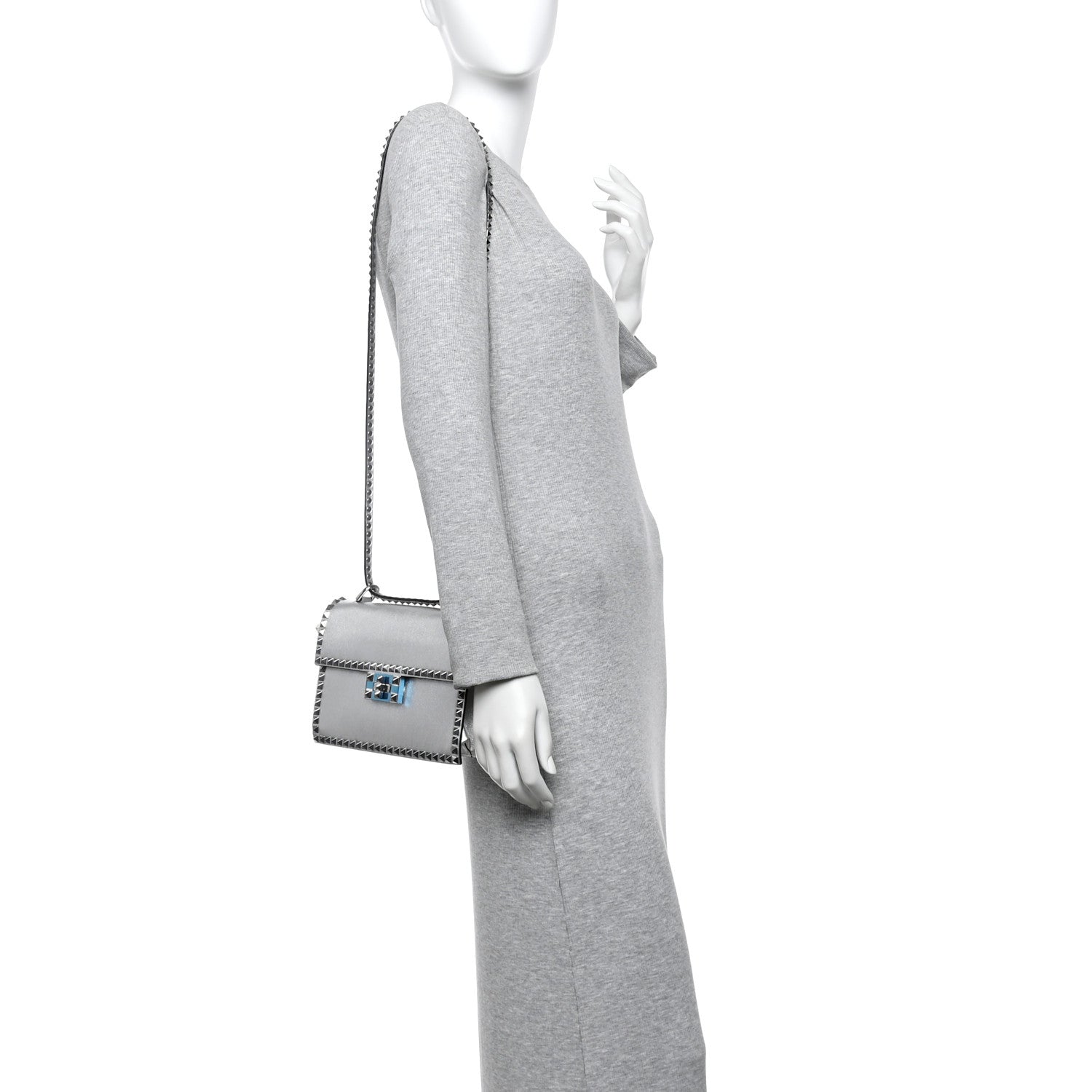 Metallic Calfskin Small Rockstud No Limit Shoulder Bag Silver