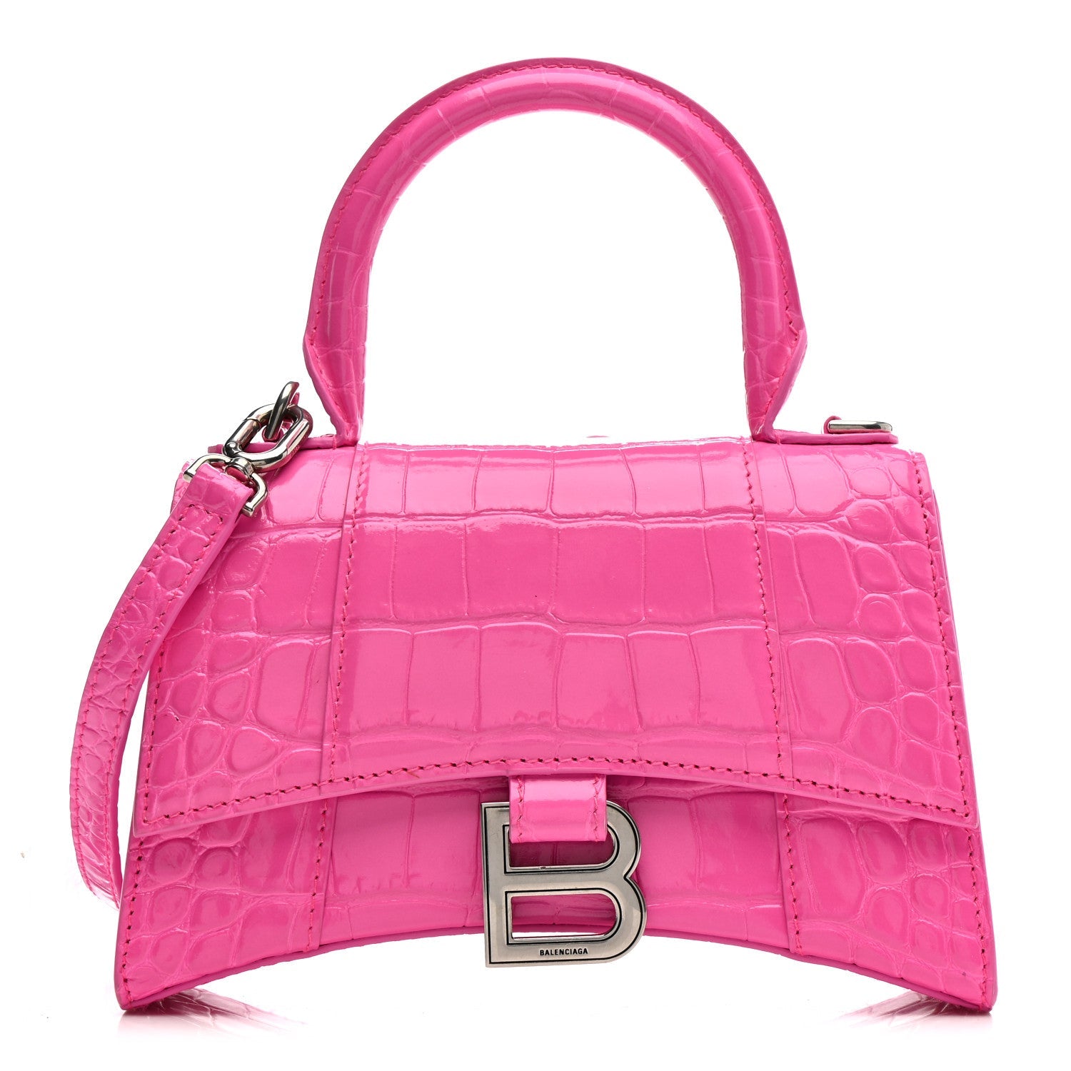 Shiny Calfskin Crocodile Embossed Hourglass Top Handle Bag XS Neon Pink