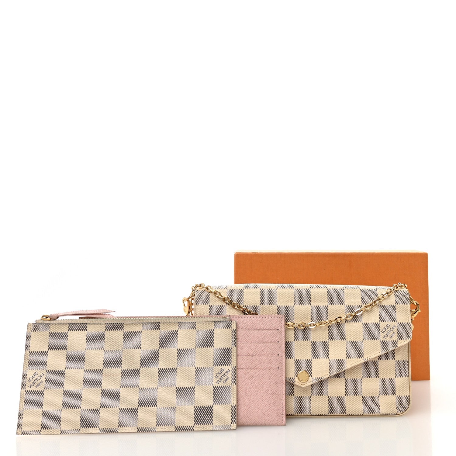 Damier Azur Pochette Felicie Chain Wallet Rose Ballerine