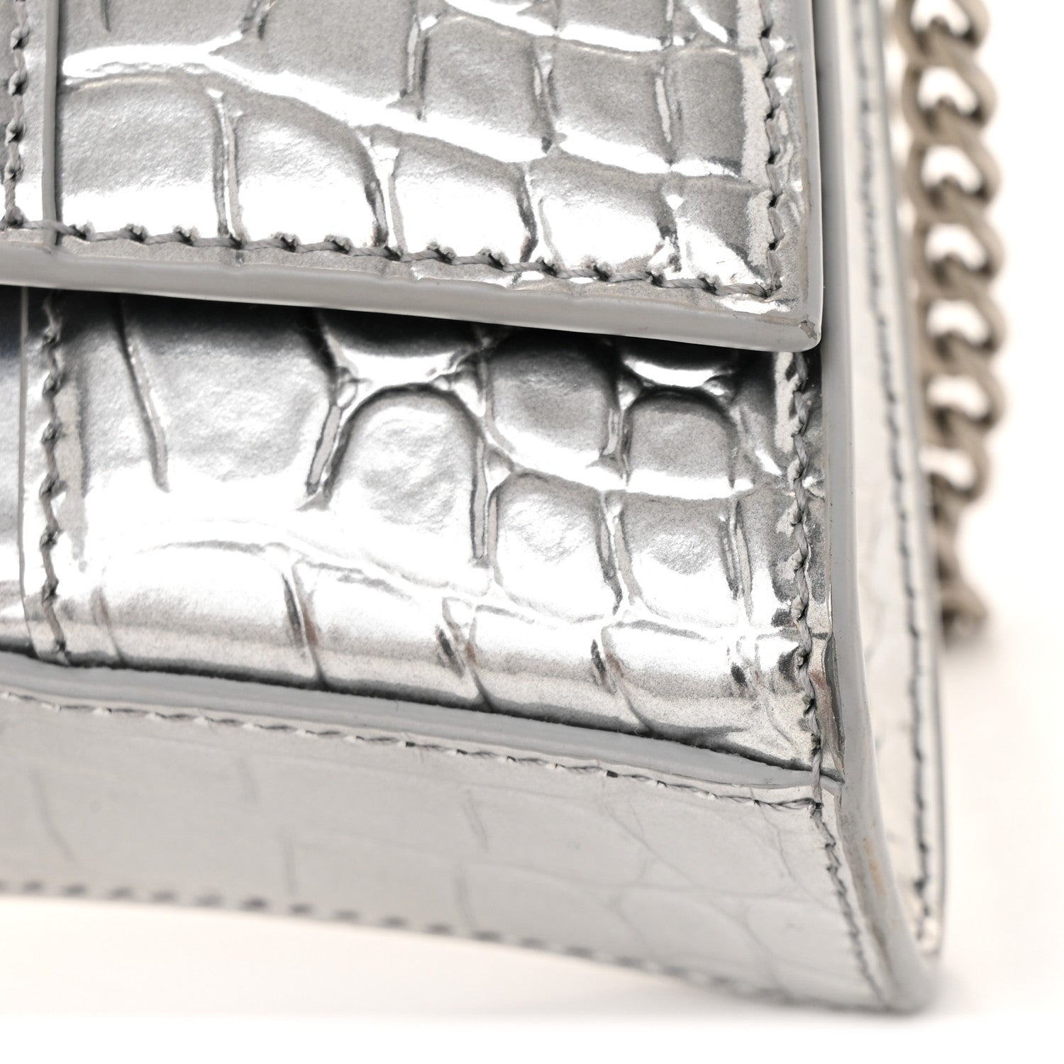 Metallic Calfskin Crocodile Embossed Hourglass Chain Bag Silver