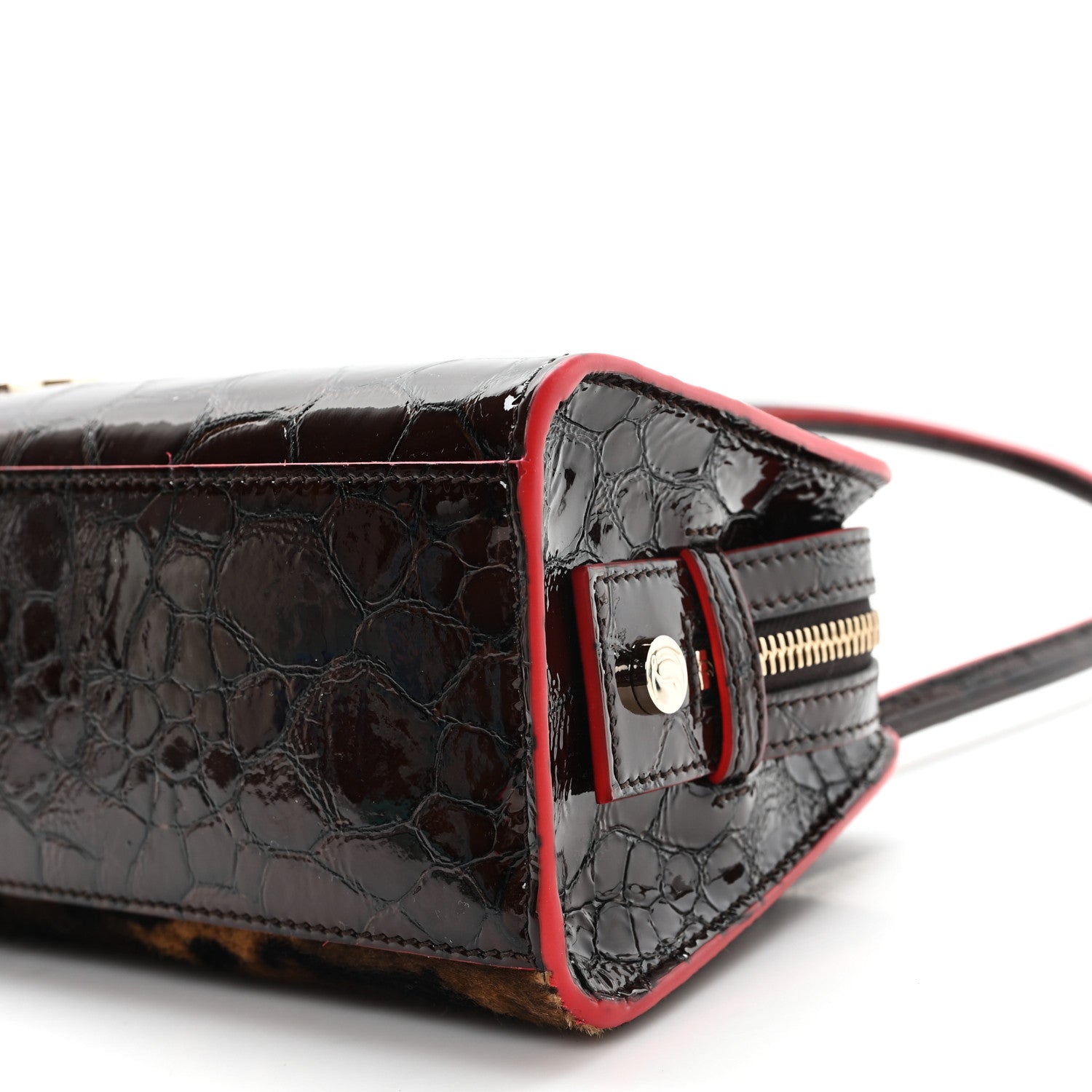 Calfskin Crocodile Embossed Pony Hair Leopard Print Eloise Top Handle Bag Brown