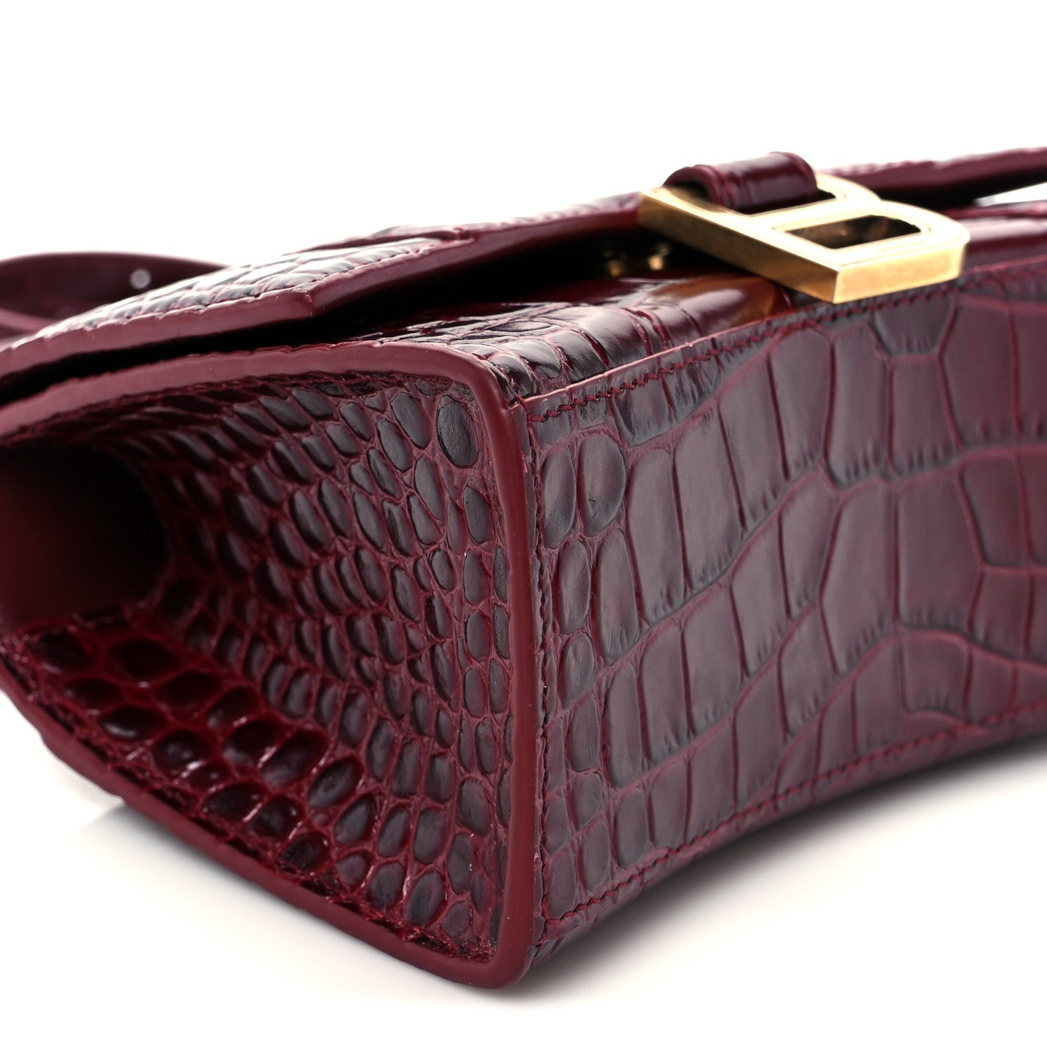 Shiny Calfskin Crocodile Embossed Hourglass Top Handle Bag XS Dark Red