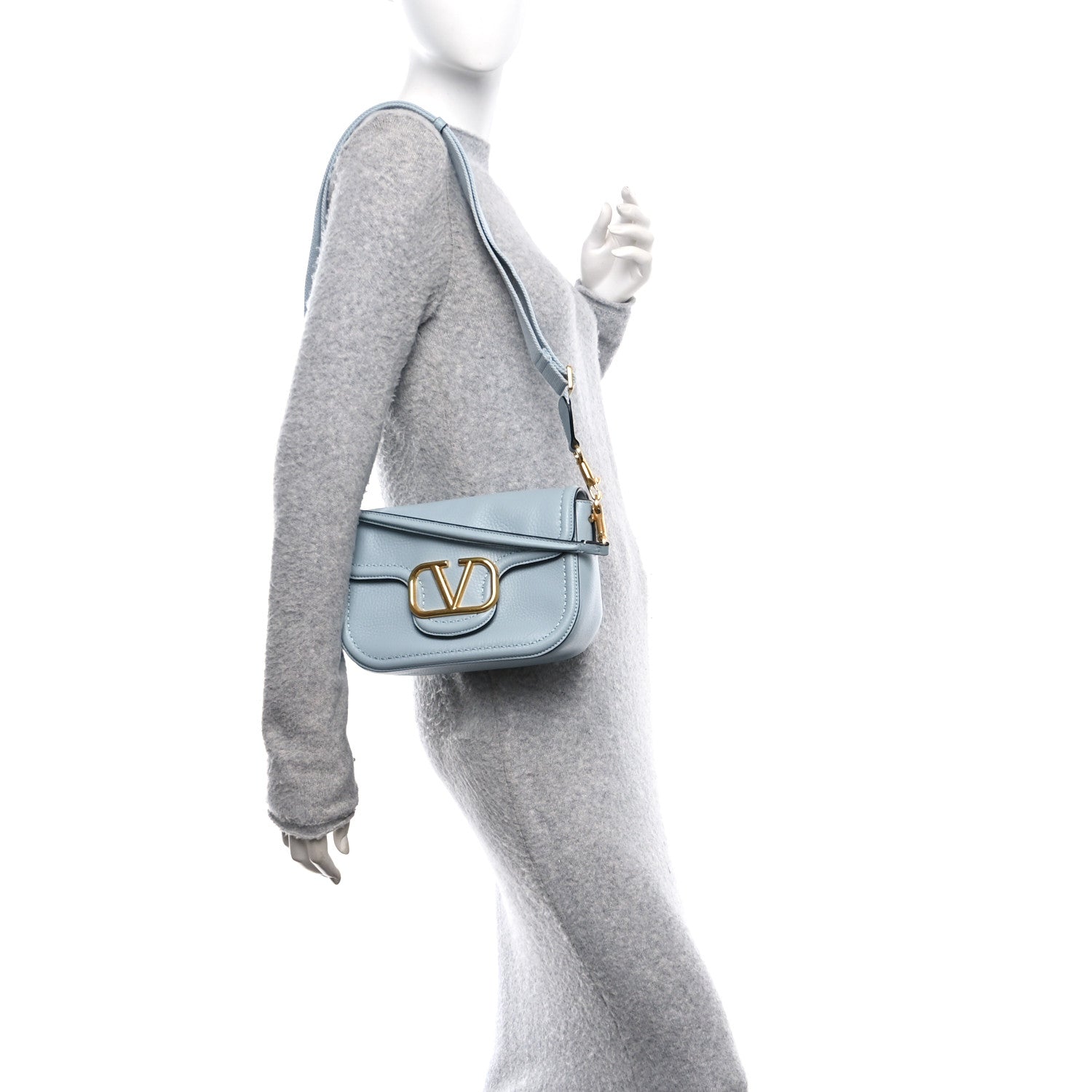 Pebbled Calfskin Vlogo Small Top Handle Shoulder Bag Blu Porcellana