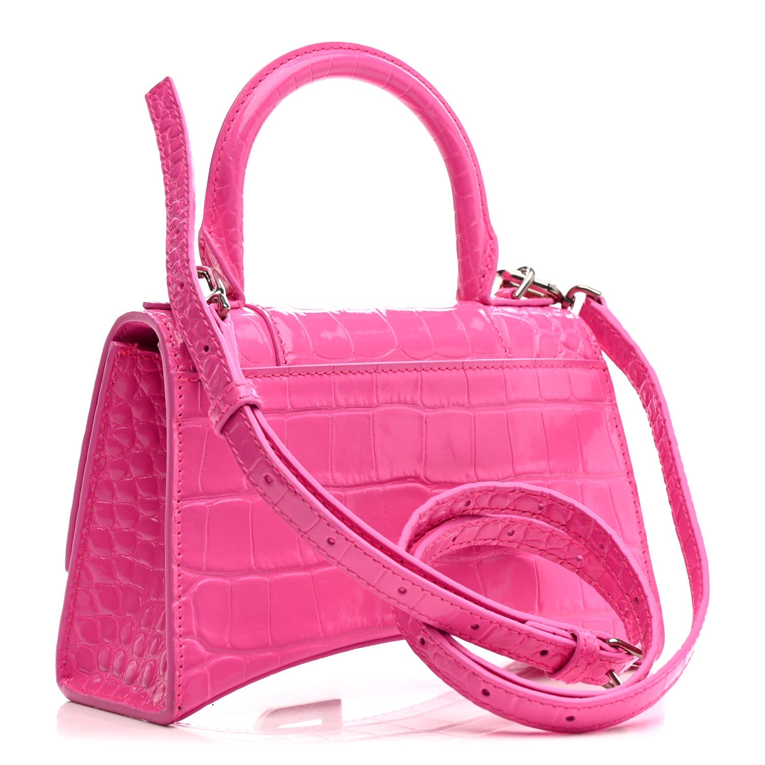 Shiny Calfskin Crocodile Embossed Hourglass Top Handle Bag XS Neon Pink