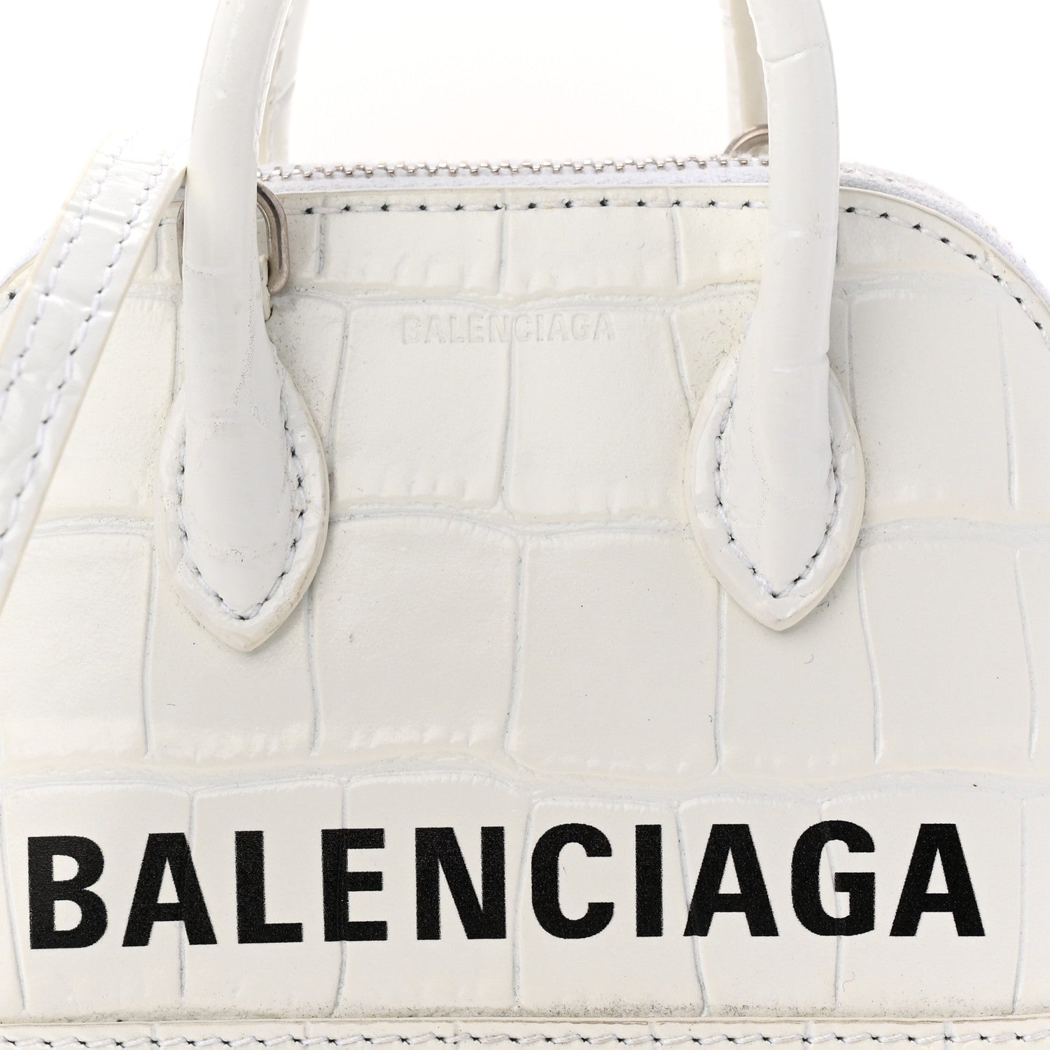 Calfskin Logo Crocodile Embossed Mini Ville Top Handle Bag White Black