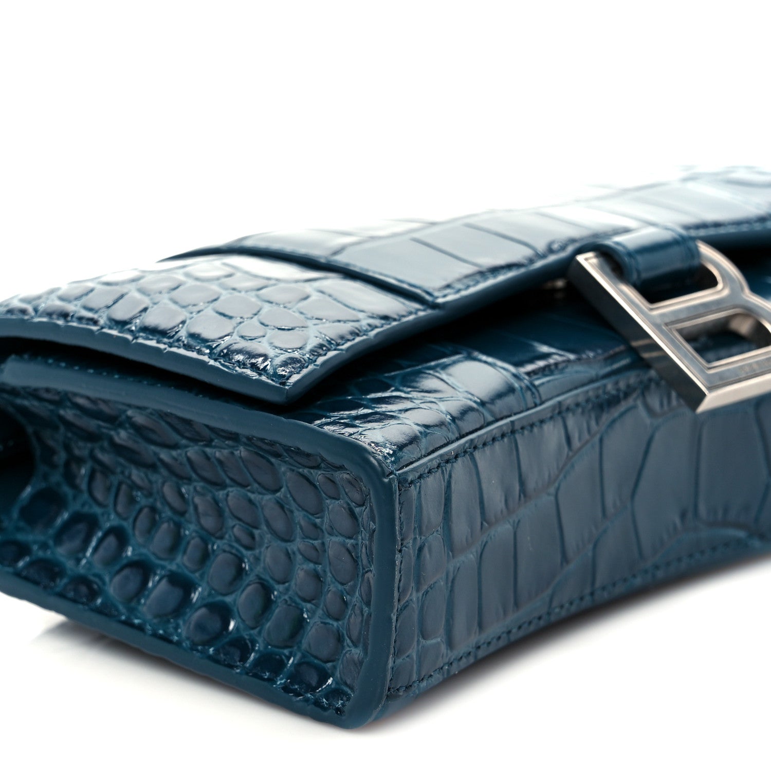 Shiny Calfskin Crocodile Embossed Hourglass Chain Bag Forest Green