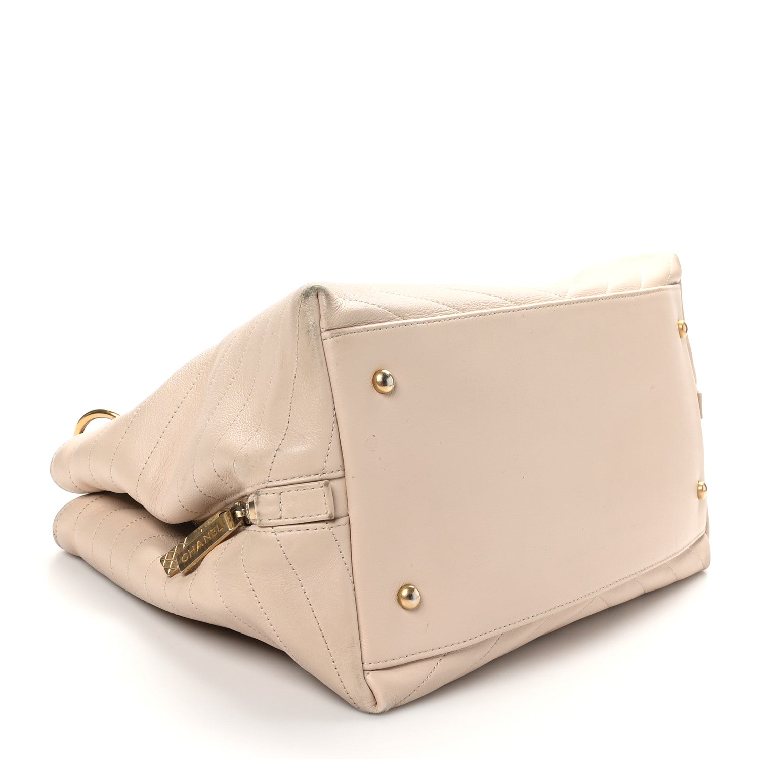 Calfskin Elaphe Stitched Large Chevron Chic Shopping Bag Beige