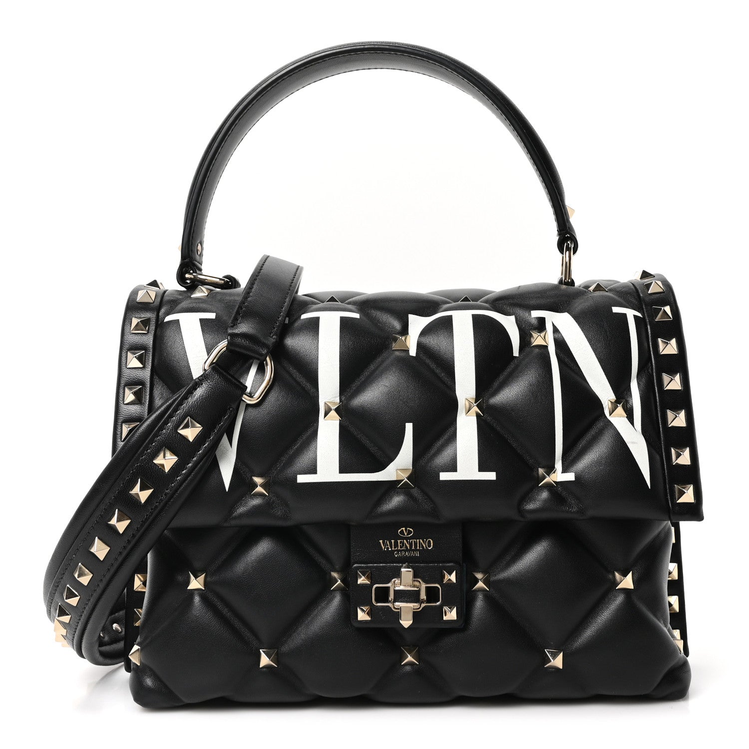 Lambskin VLTN Print Candystud Top Handle Bag Black