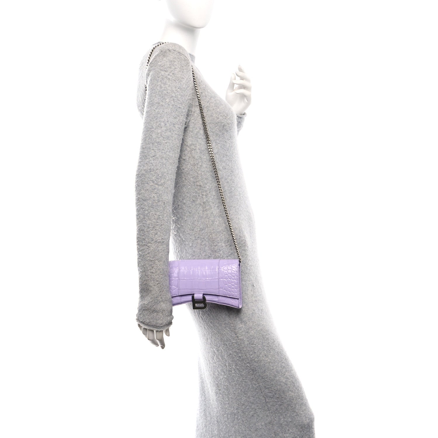 Shiny Calfskin Crocodile Embossed Hourglass Chain Bag Lilac