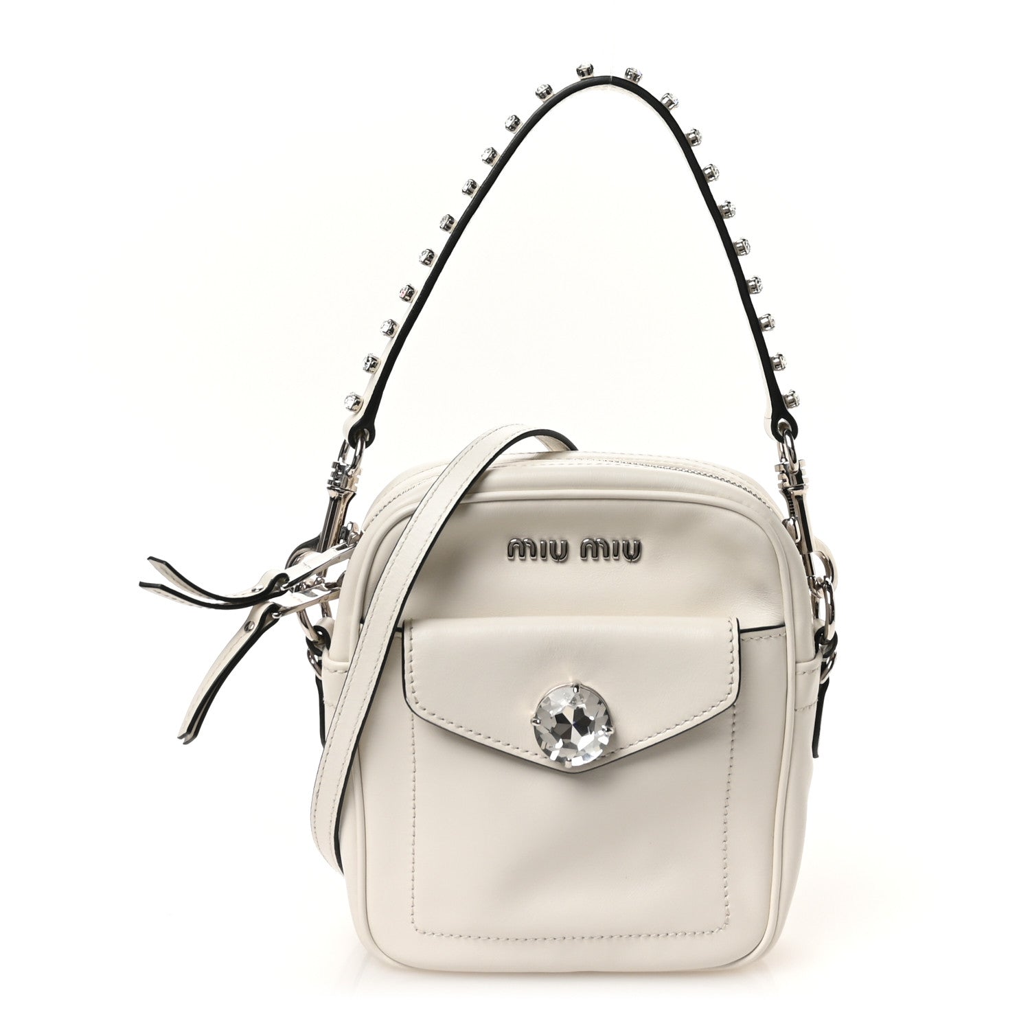 Vitello Soft Calfskin Crystal Embellished Solitaire Camera Bag White