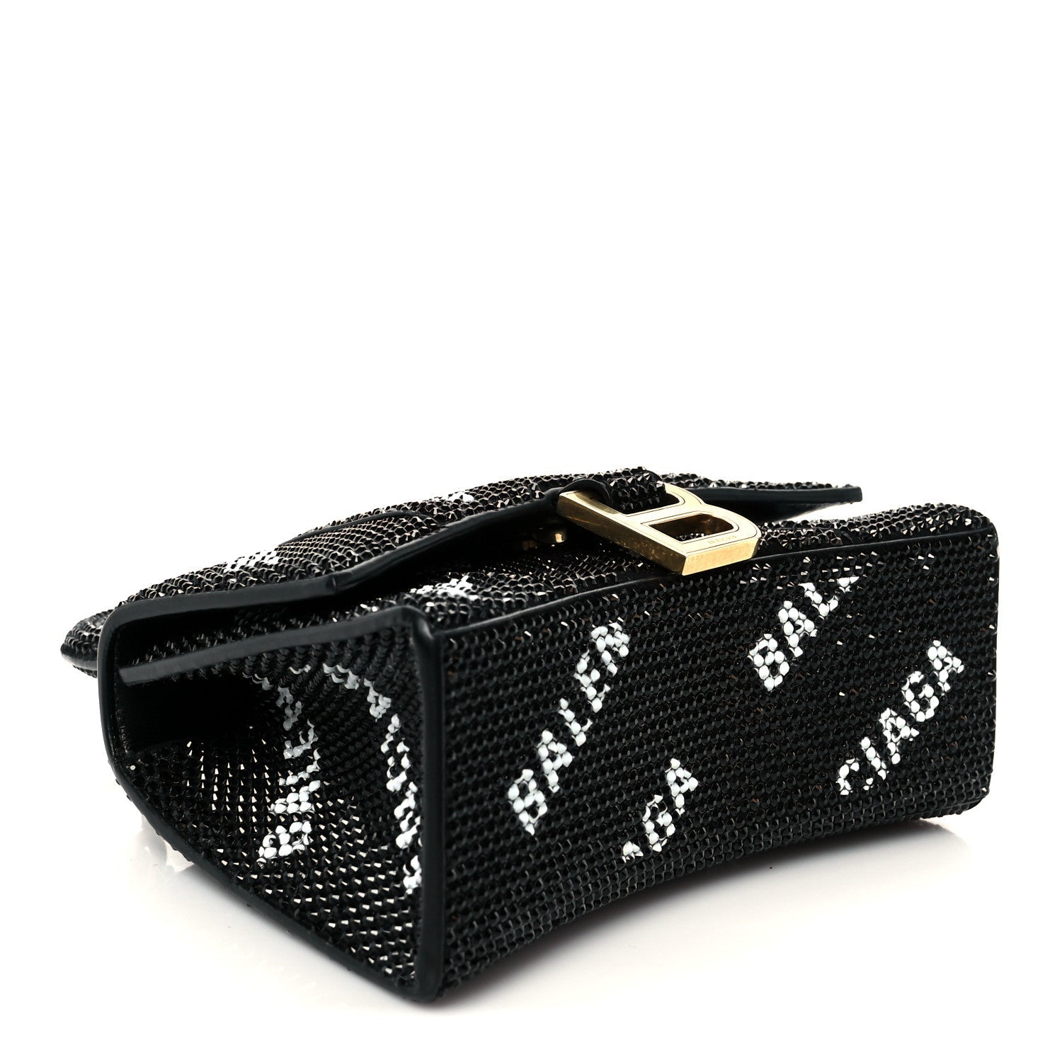 Strass Suede Allover Logo Hourglass Top Handle Bag XS with Chain Black White