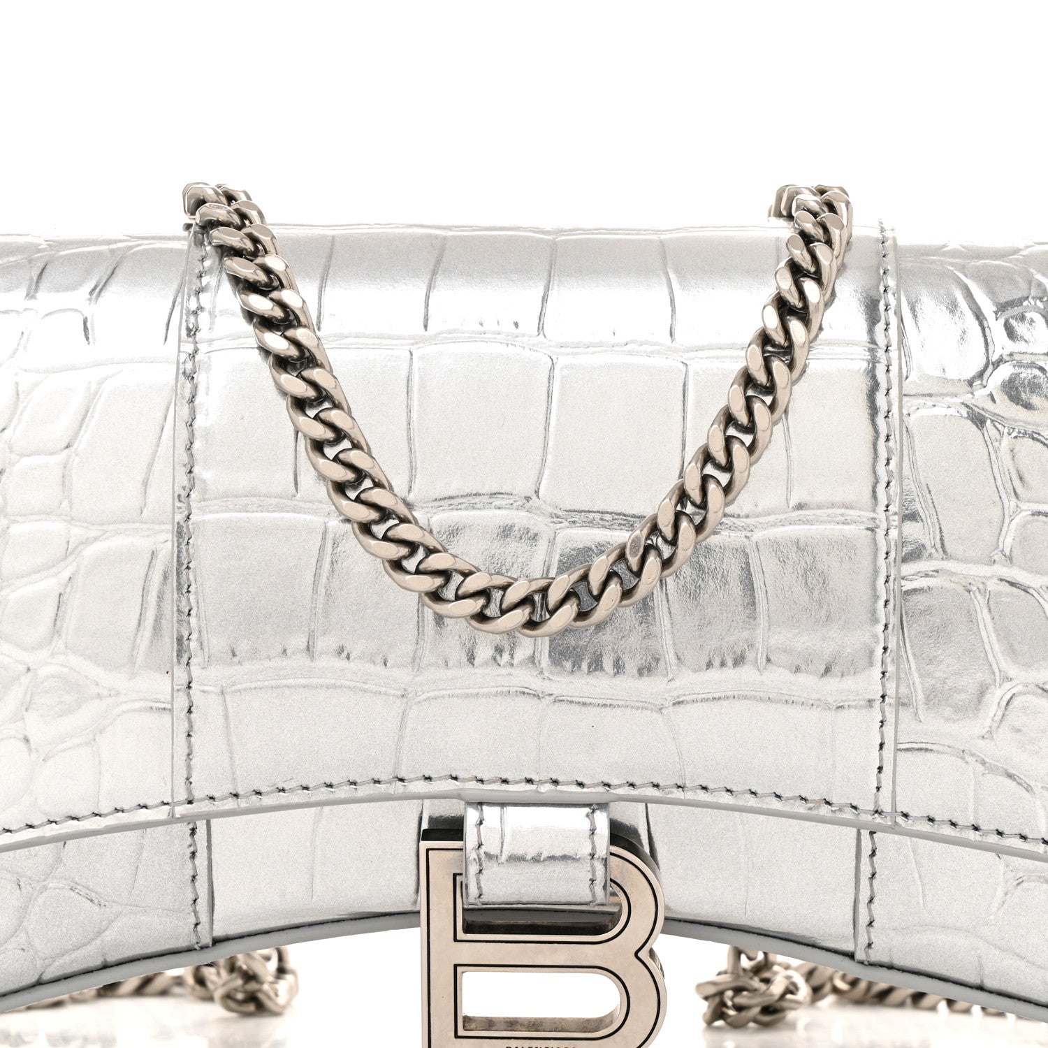 Metallic Calfskin Crocodile Embossed Hourglass Chain Bag Silver