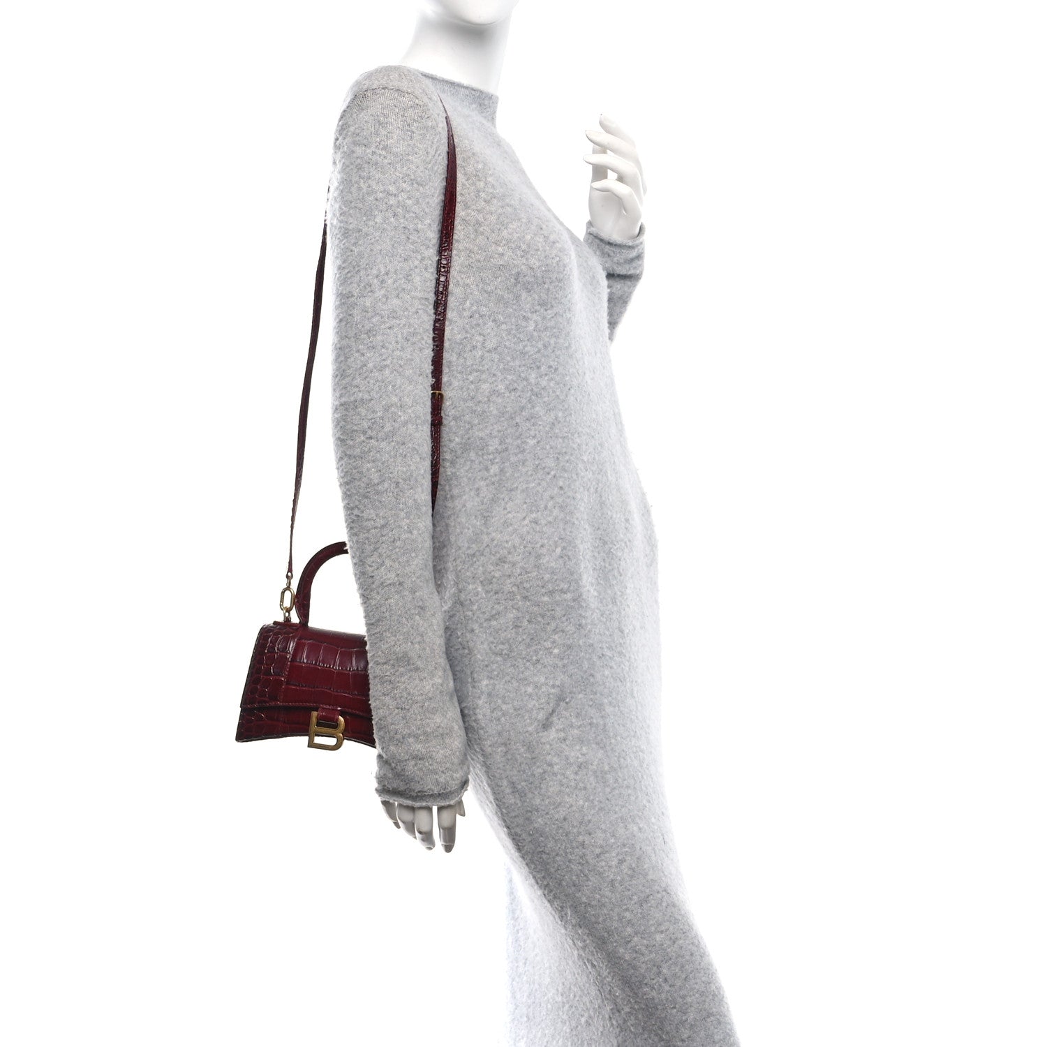 Shiny Calfskin Crocodile Embossed Hourglass Top Handle Bag XS Dark Red