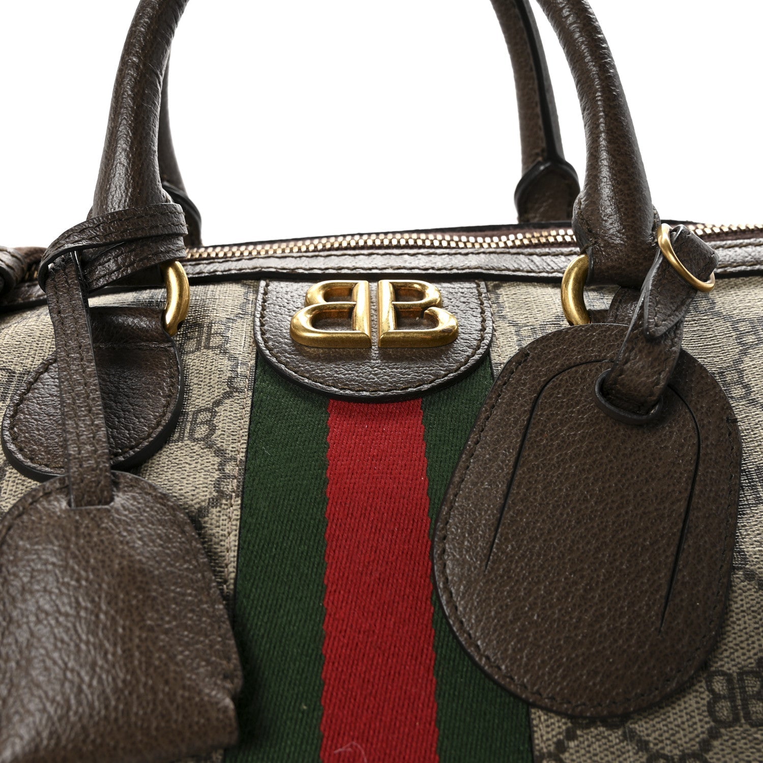 X BALENCIAGA BB Supreme Monogram Web Medium Ophidia Carry-On Duffle Bag Beige New Acero