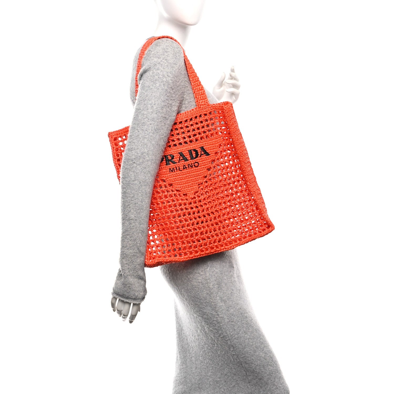 Yarn Raffia Effect Crochet Logo Embroidered Tote Bag Arancio