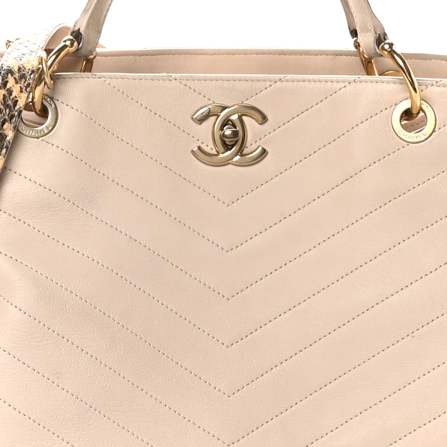 Calfskin Elaphe Stitched Large Chevron Chic Shopping Bag Beige