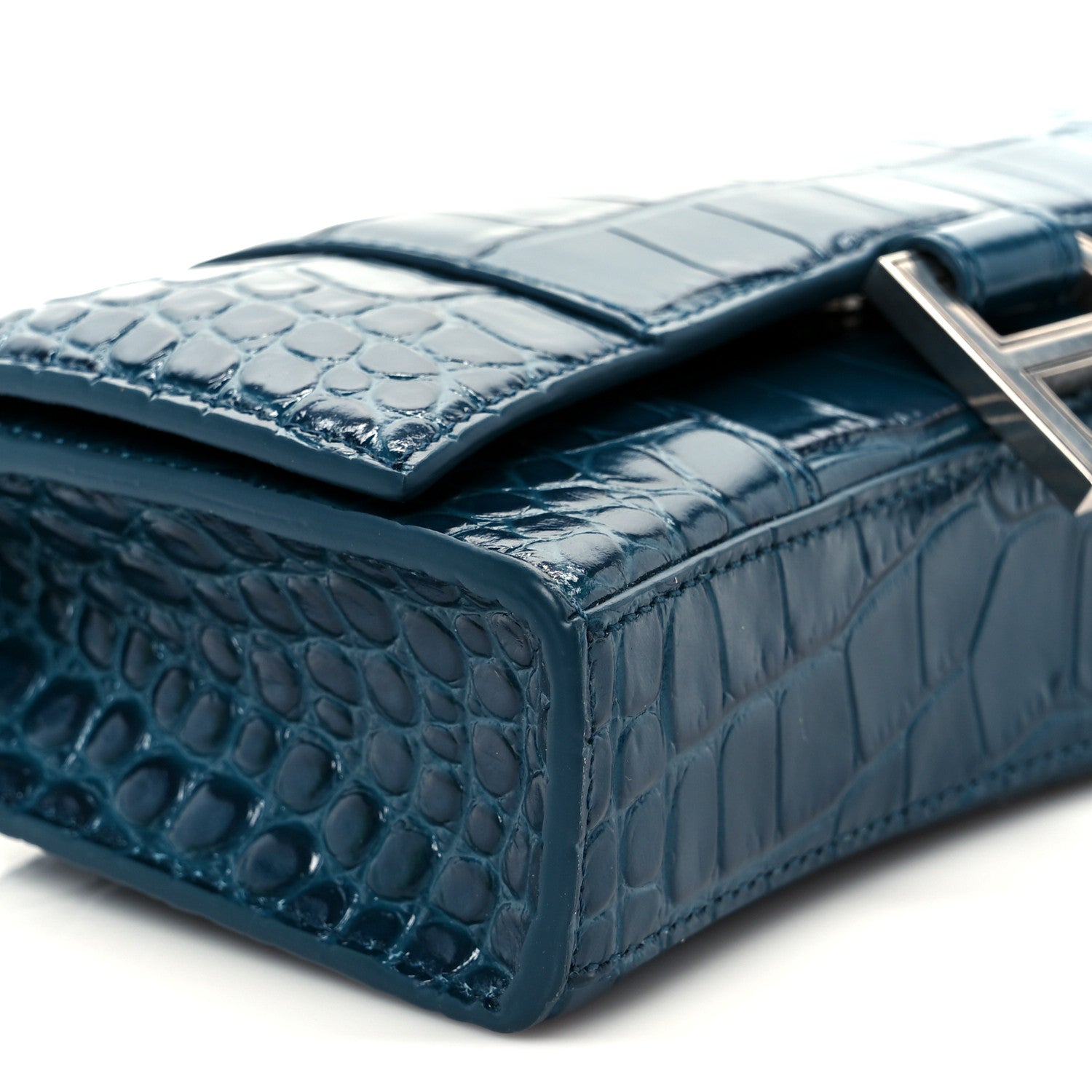 Shiny Calfskin Crocodile Embossed Hourglass Chain Bag Forest Green