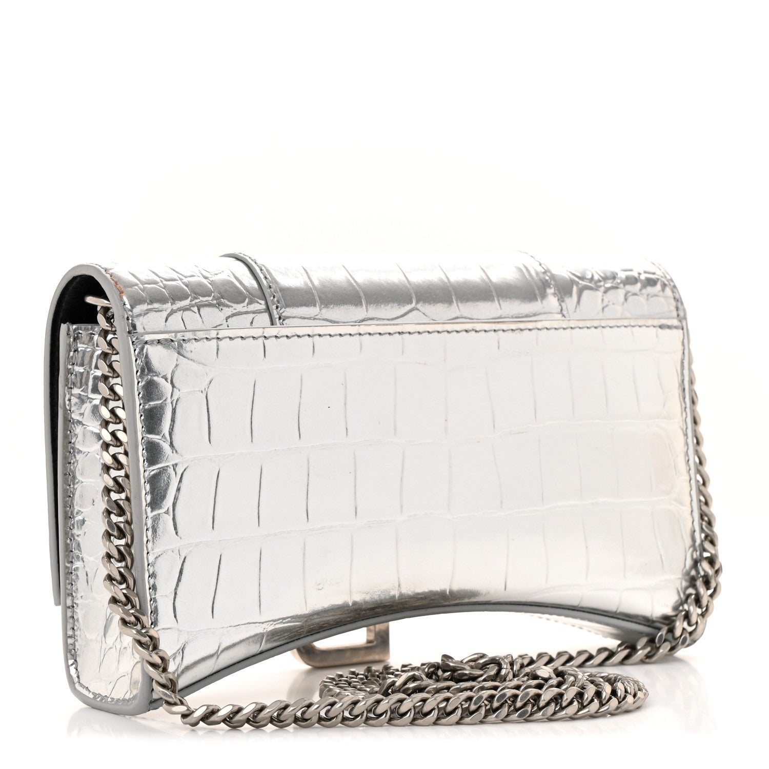 Metallic Calfskin Crocodile Embossed Hourglass Chain Bag Silver