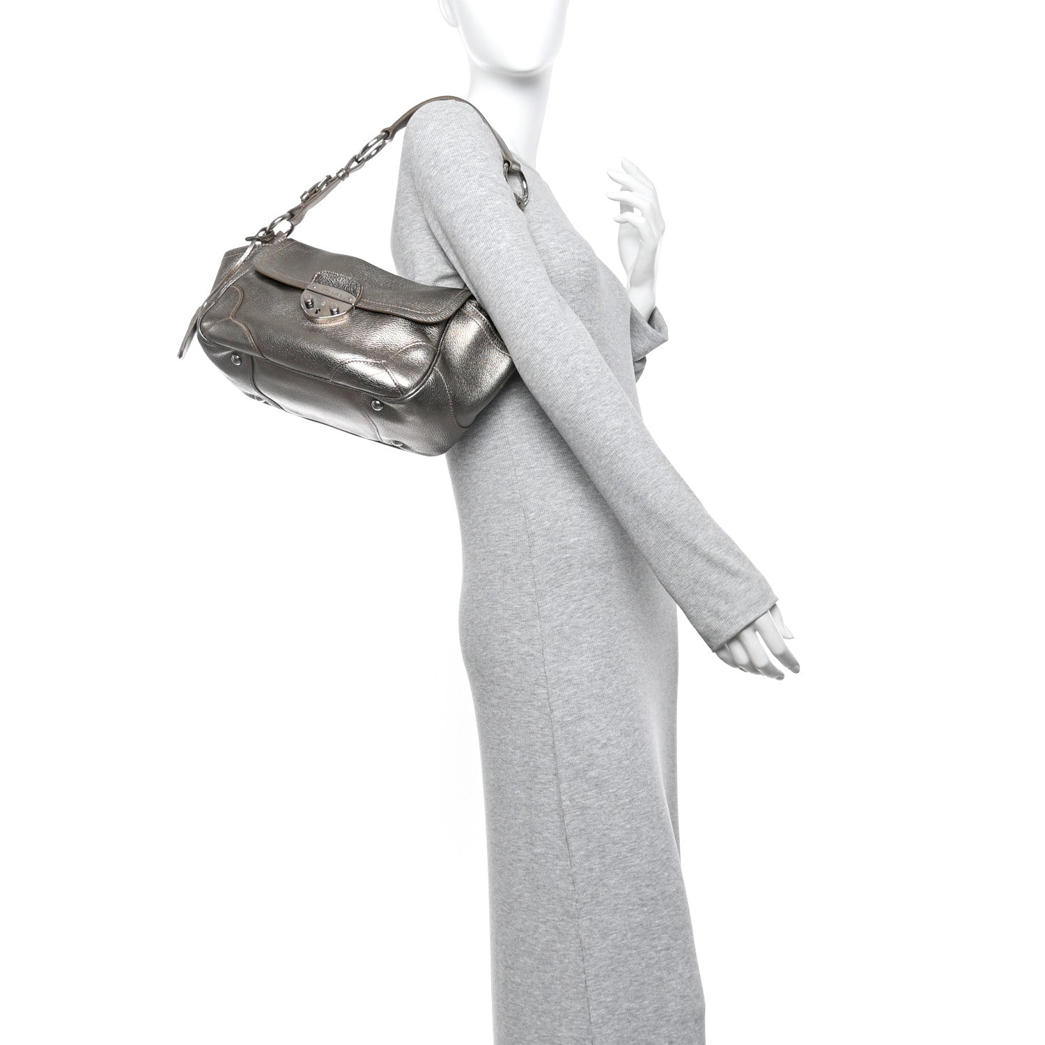 Metallic Vitello Daino Pushlock Shoulder Bag Peltro