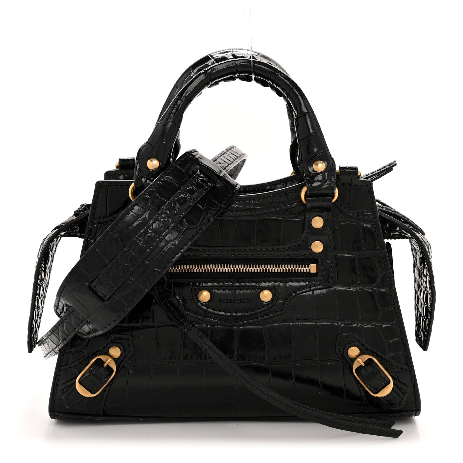 Shiny Supple Calfskin Crocodile Embossed Neo Classic Gold Hardware Mini City Black