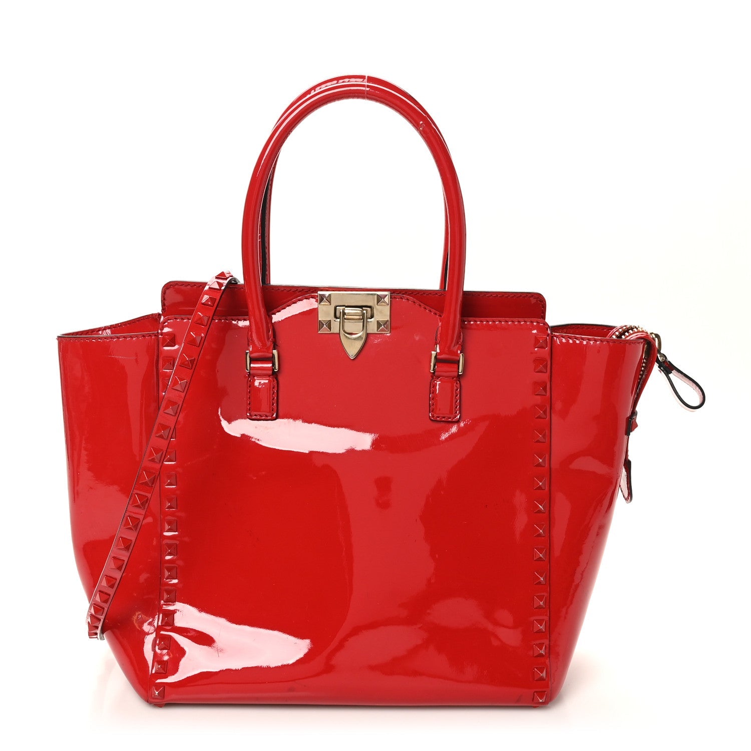 Patent Monochrome Rockstud Double Handle Tote Rosso Valentino