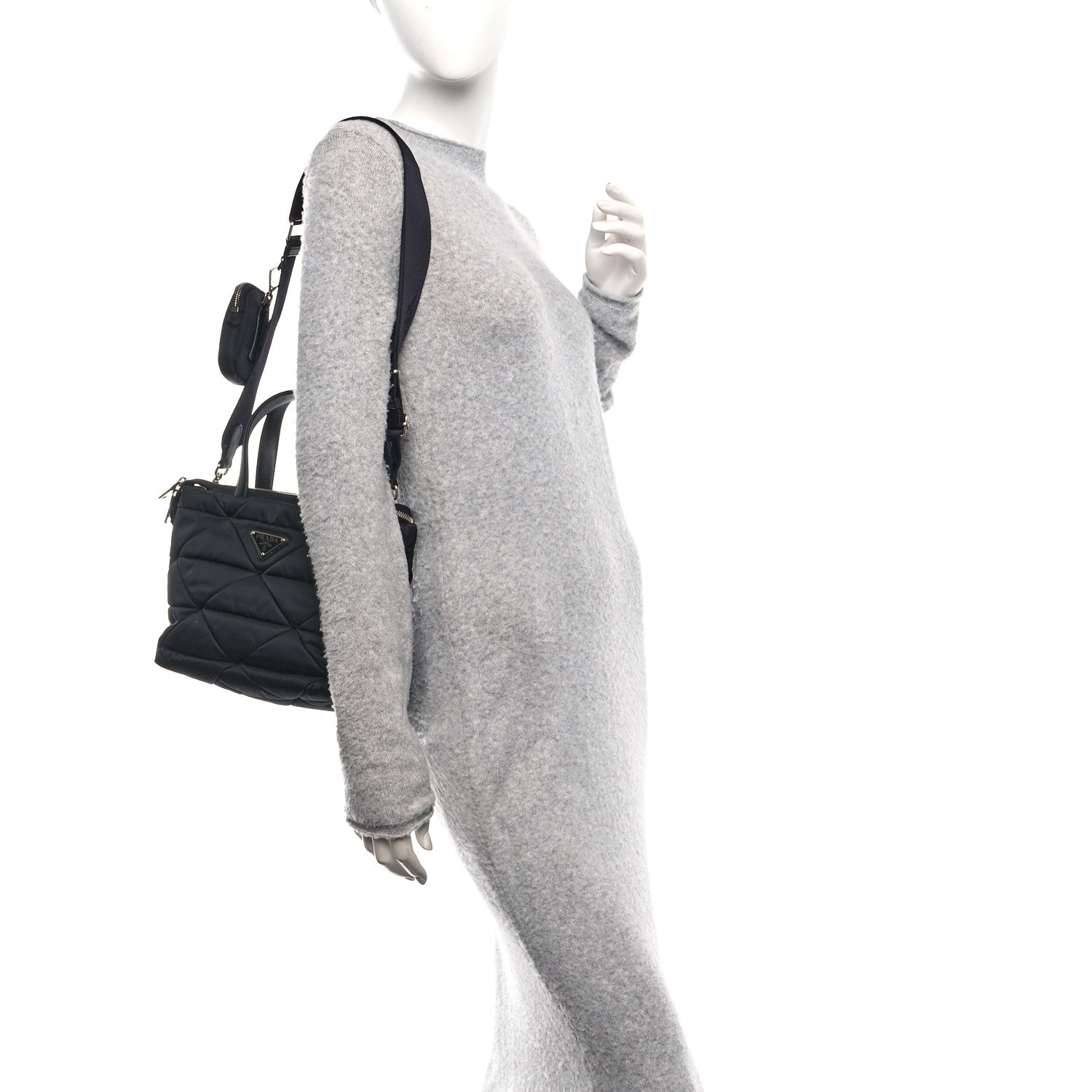 Re-Nylon Nappa Triangle Quilted Padded Double Handled Zip Pocket Tote Black