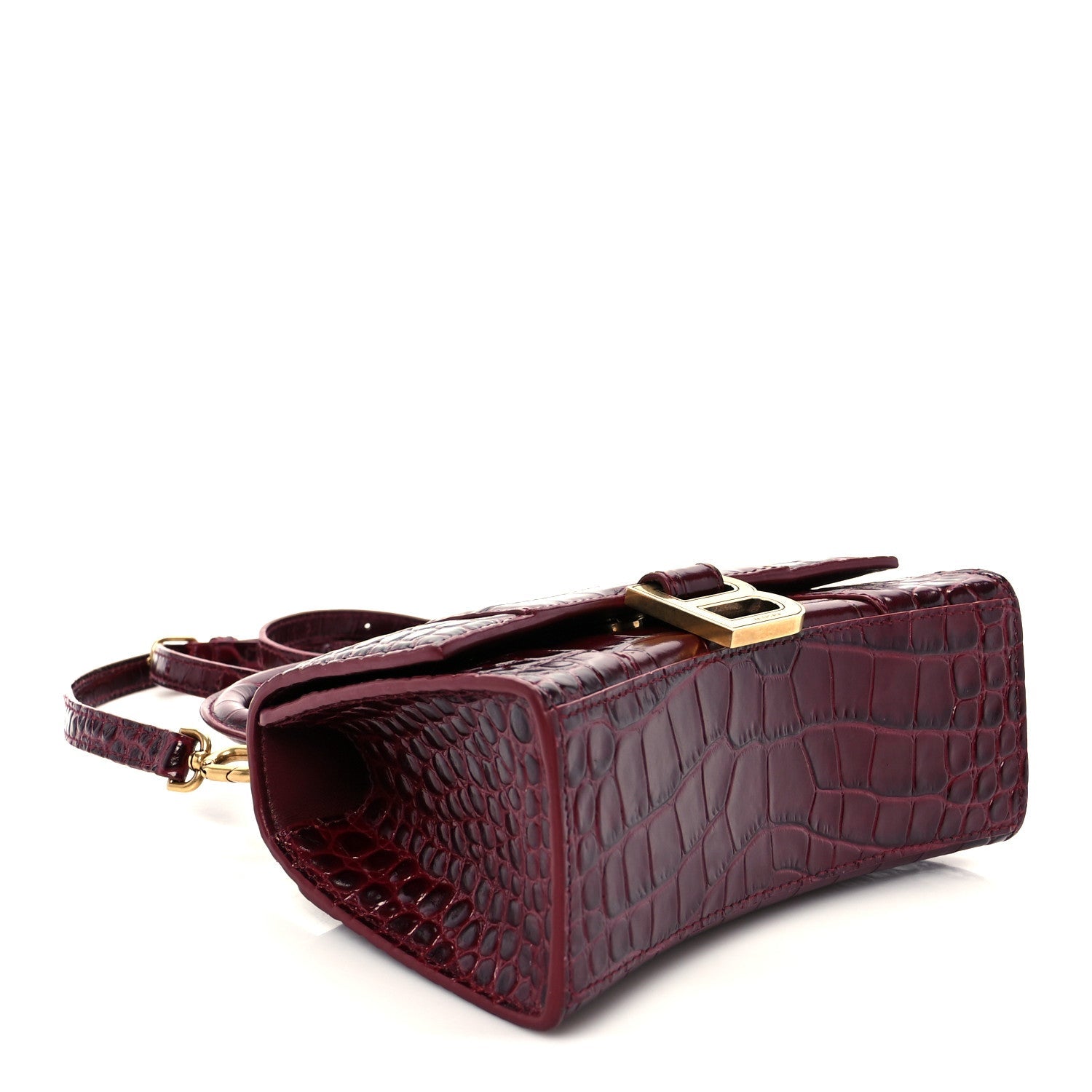 Shiny Calfskin Crocodile Embossed Hourglass Top Handle Bag XS Dark Red