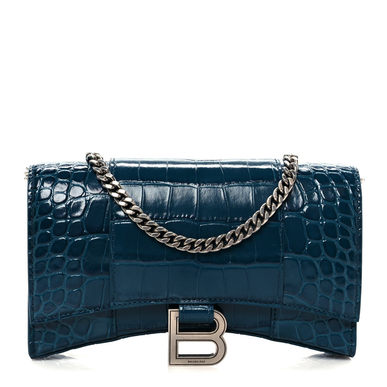 Shiny Calfskin Crocodile Embossed Hourglass Chain Bag Forest Green