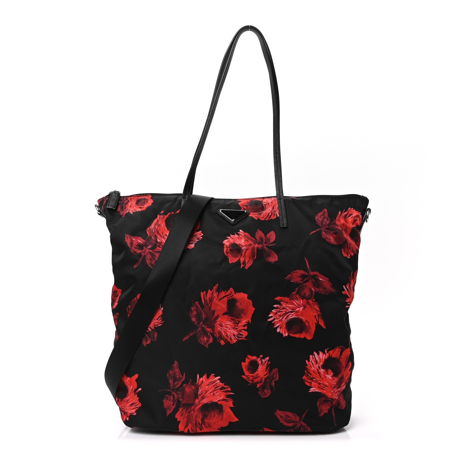 Tessuto Nylon Saffiano Rose Print Tote Black Rosso