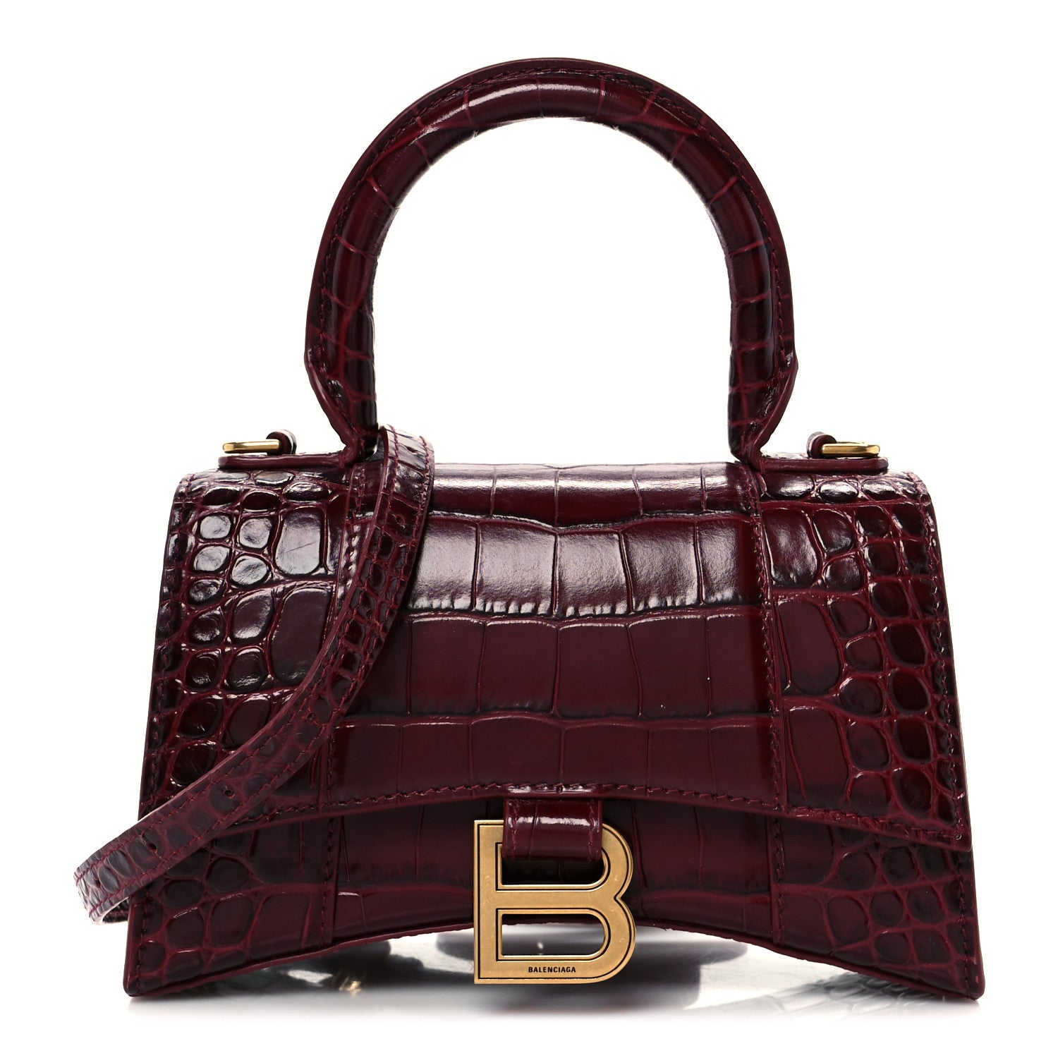 Shiny Calfskin Crocodile Embossed Hourglass Top Handle Bag XS Dark Red