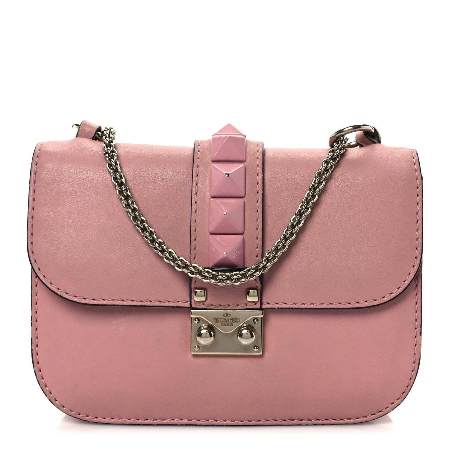 Vitello Enamel Small Glam Lock Rockstud Flap Water Rose