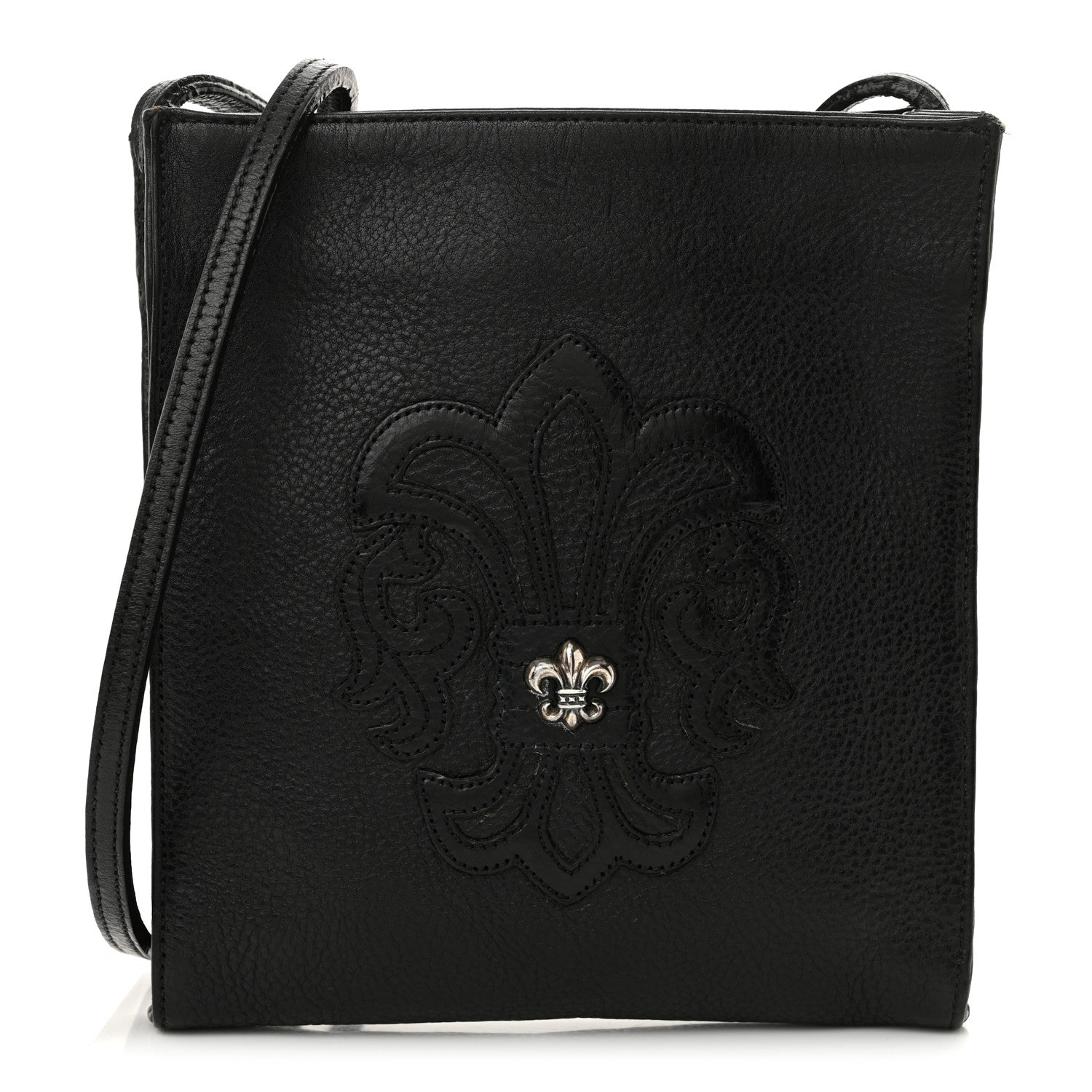 Grained Calfskin Fleur De Lis Square Pocket Crossbody Black